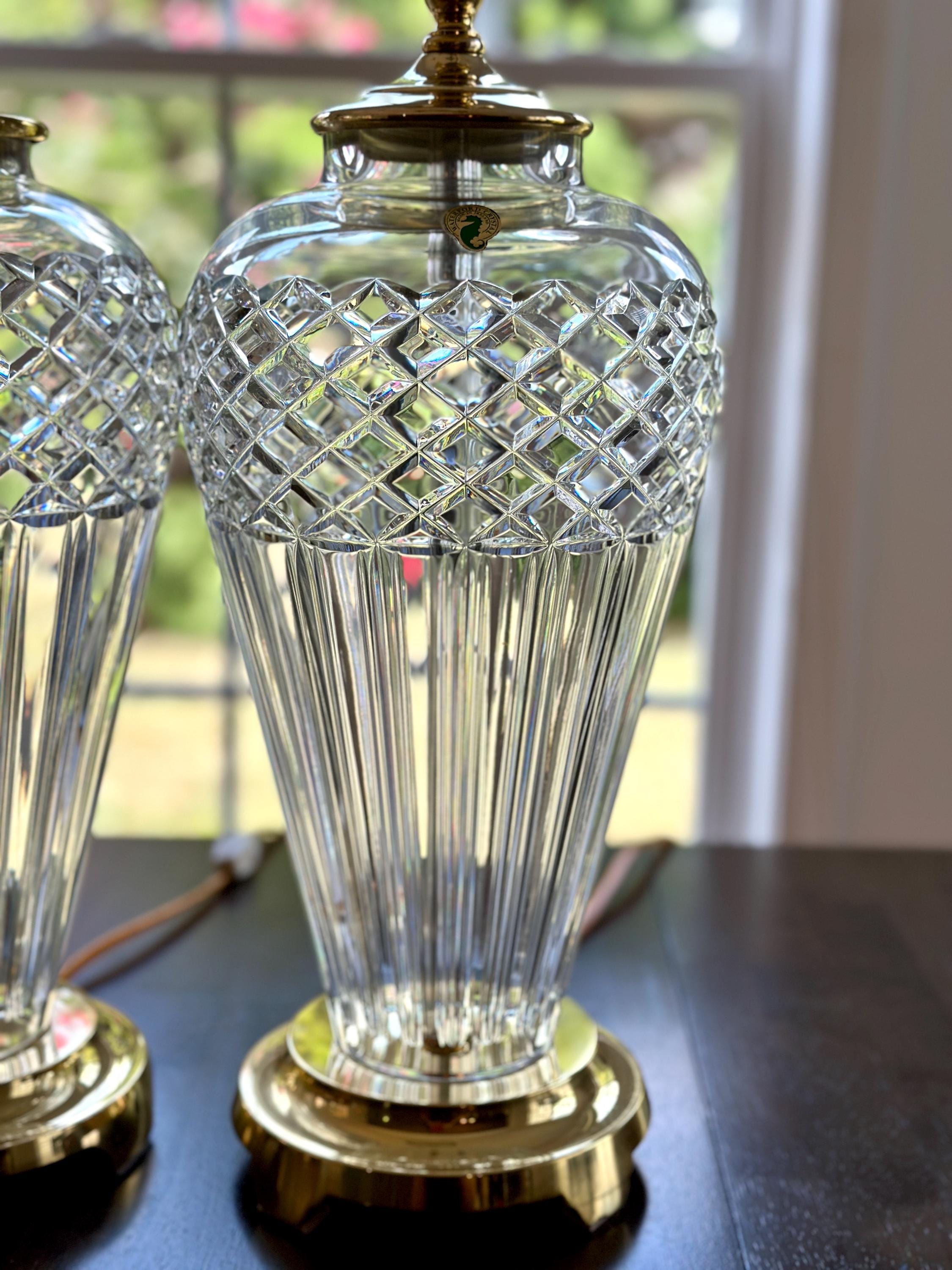 Pair of Waterford Belline Crystal and Brass Tall Lamps 30”