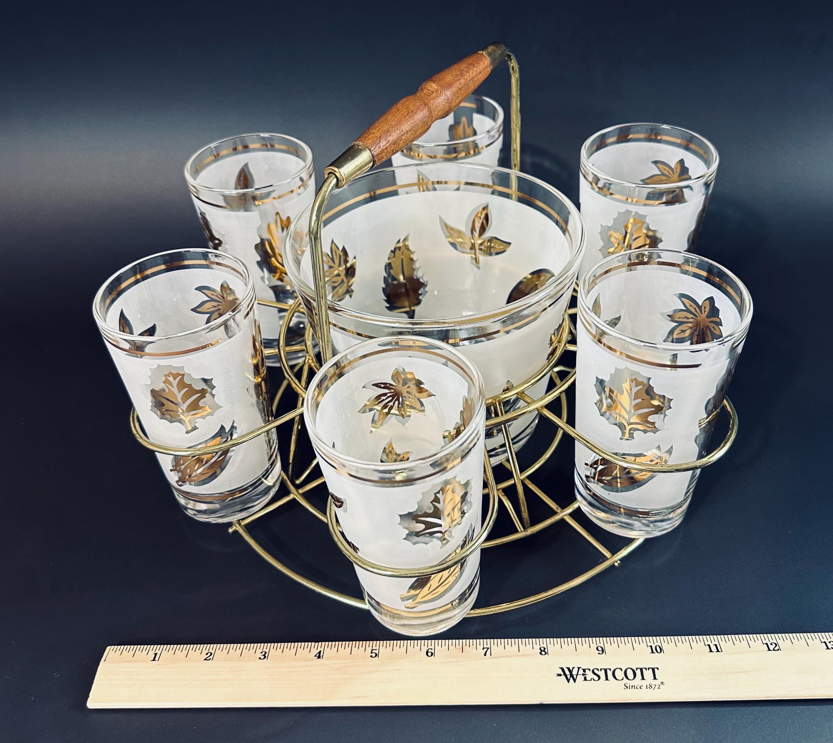 Libbey Gold Leaf Barware Set With Holder and Ice Bucket