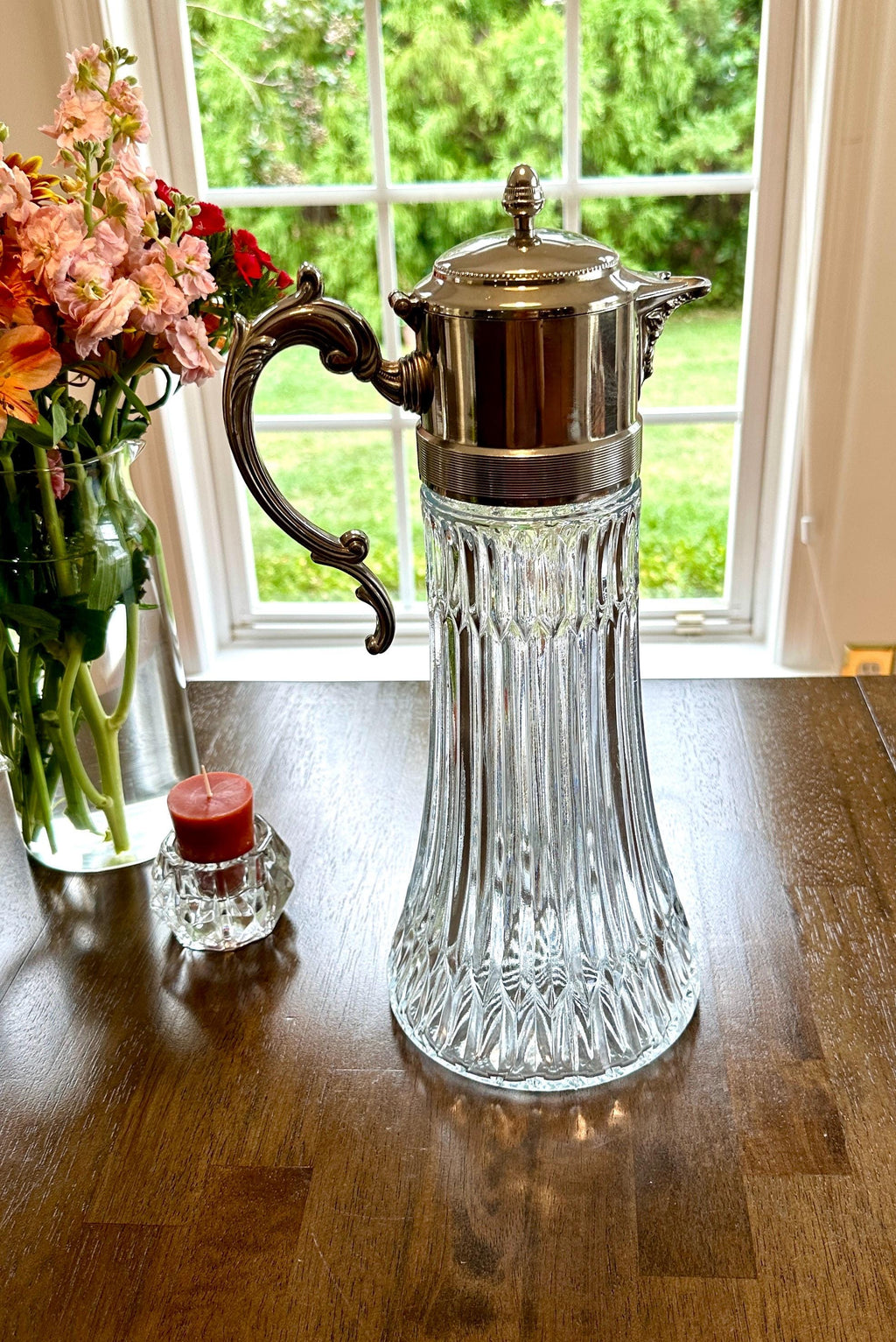 Tall Claret Decanter Glass and Silver Plate