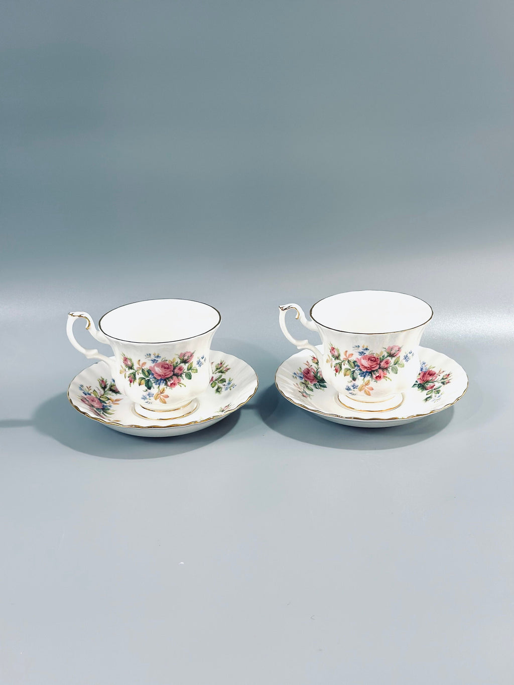 2 Royal Albert Moss Rose Teacups and Saucers