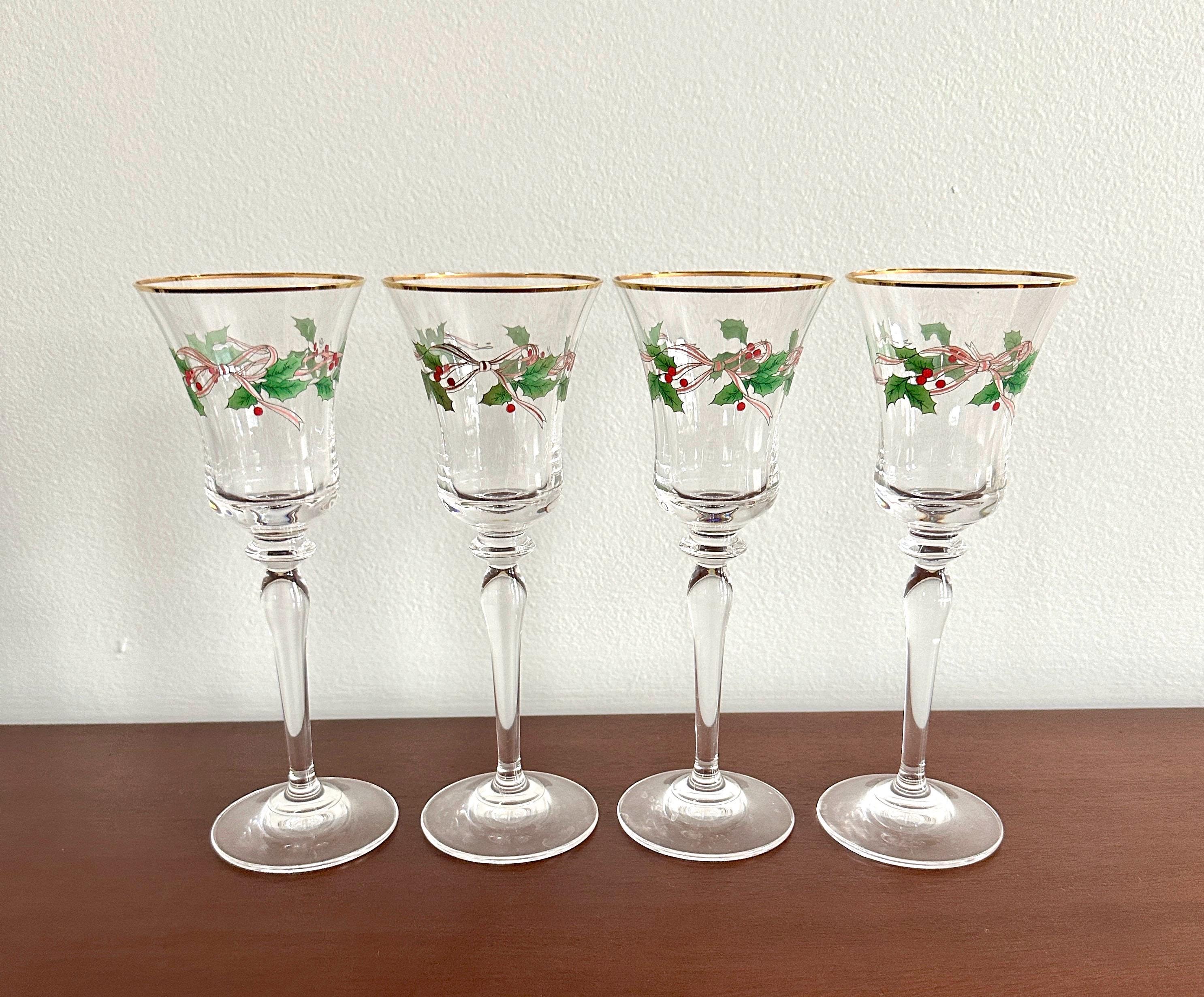 4 Mikasa Crystal Ribbon and Holly Wine Glasses
