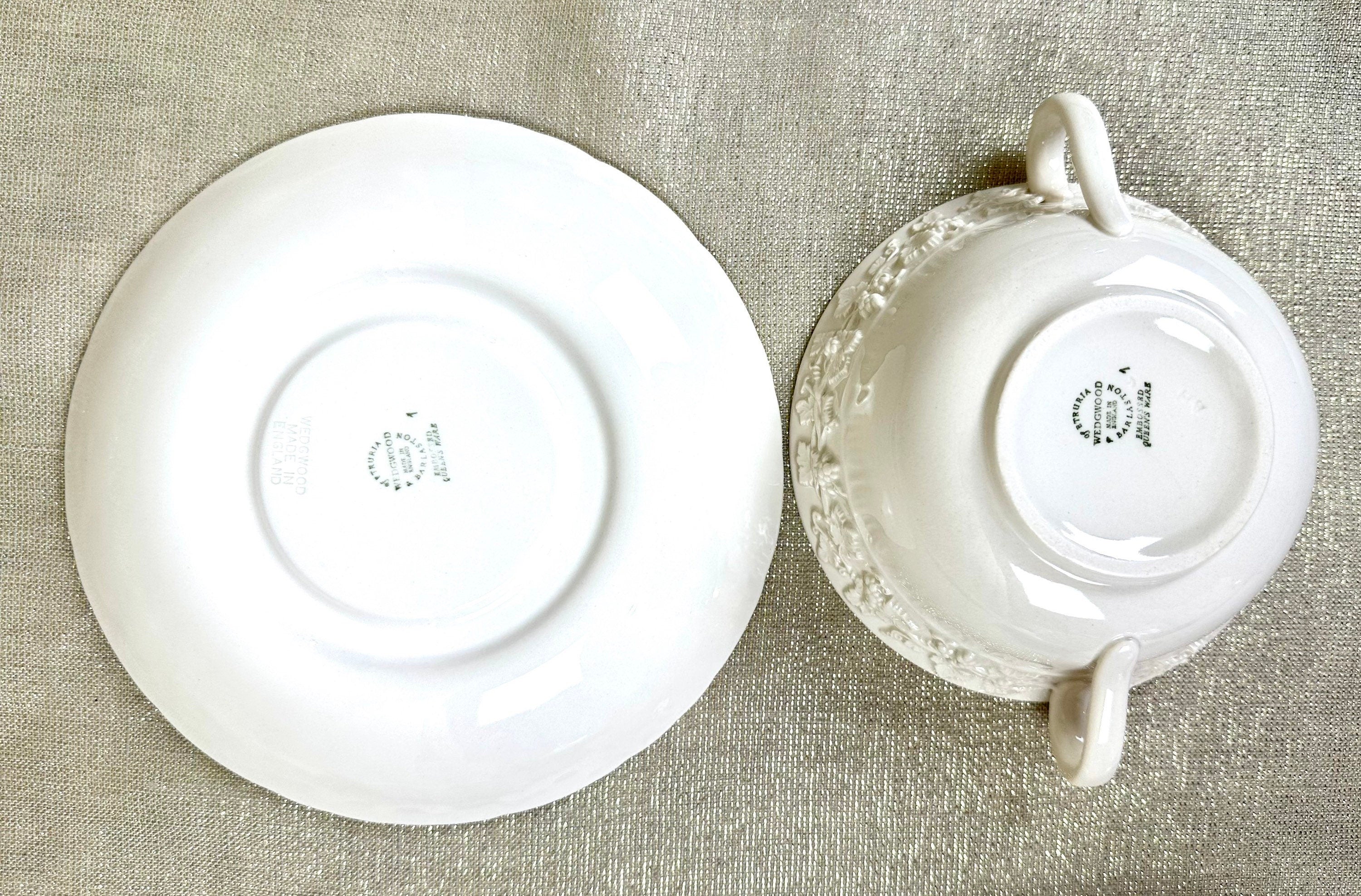 2 Wedgwood Queensware Cream Soup Bowls & Saucers - Grape Pattern