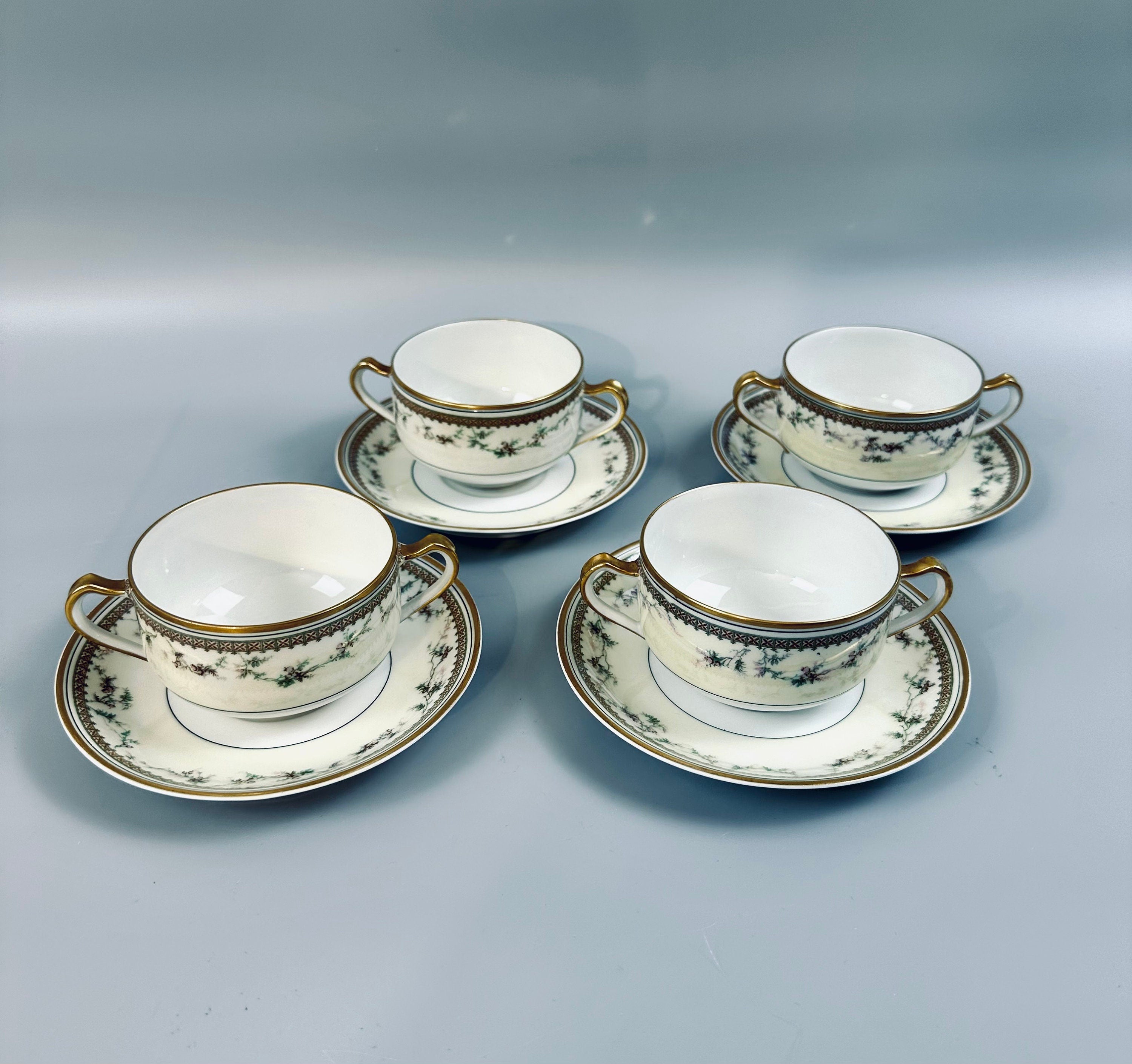 4 Haviland Yale Bouillon Soup Cups and Saucers