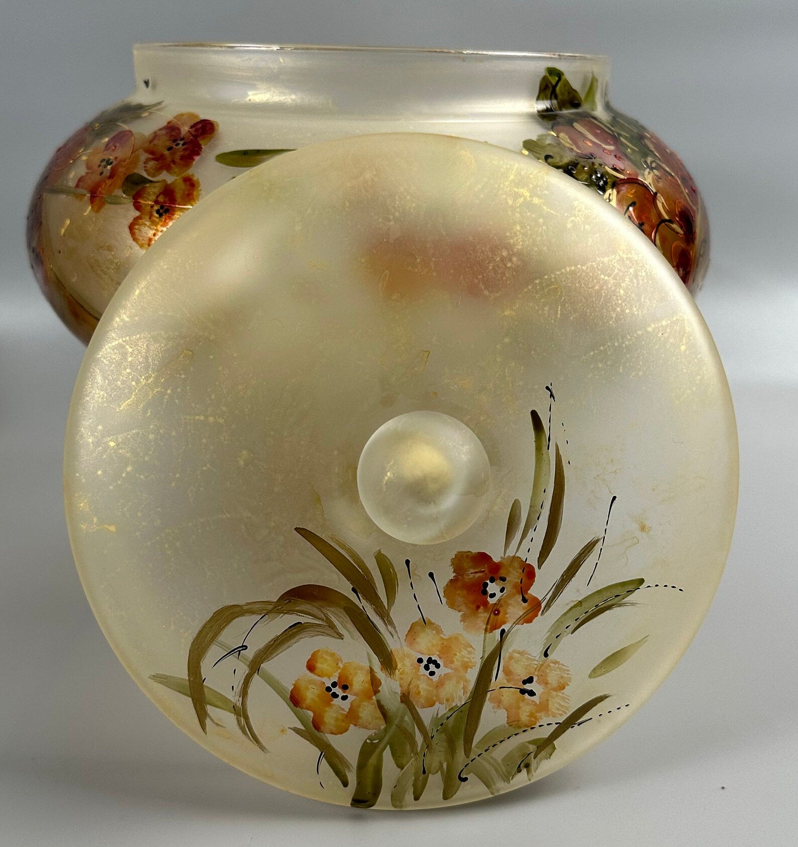 Vintage Large Murano Frosted Satin Glass With Hand Painted Flowers