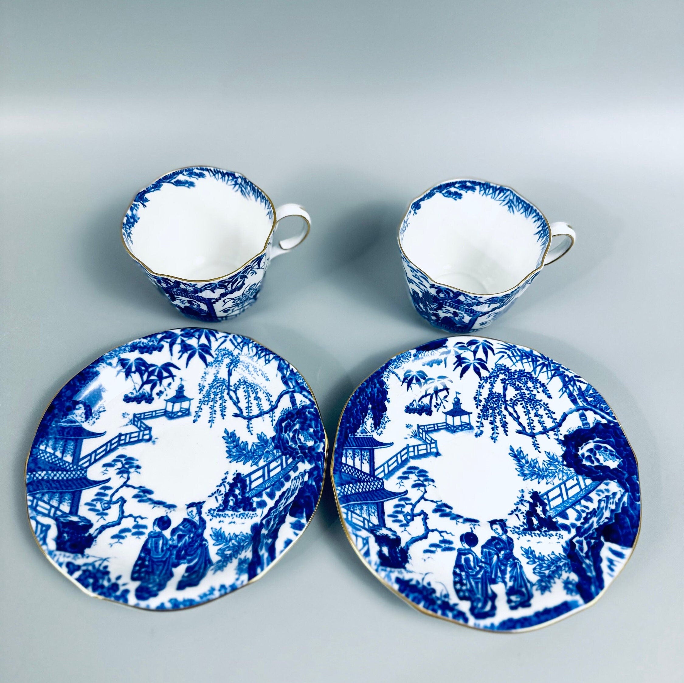 2 Royal Crown Derby Blue Mikado Teacups