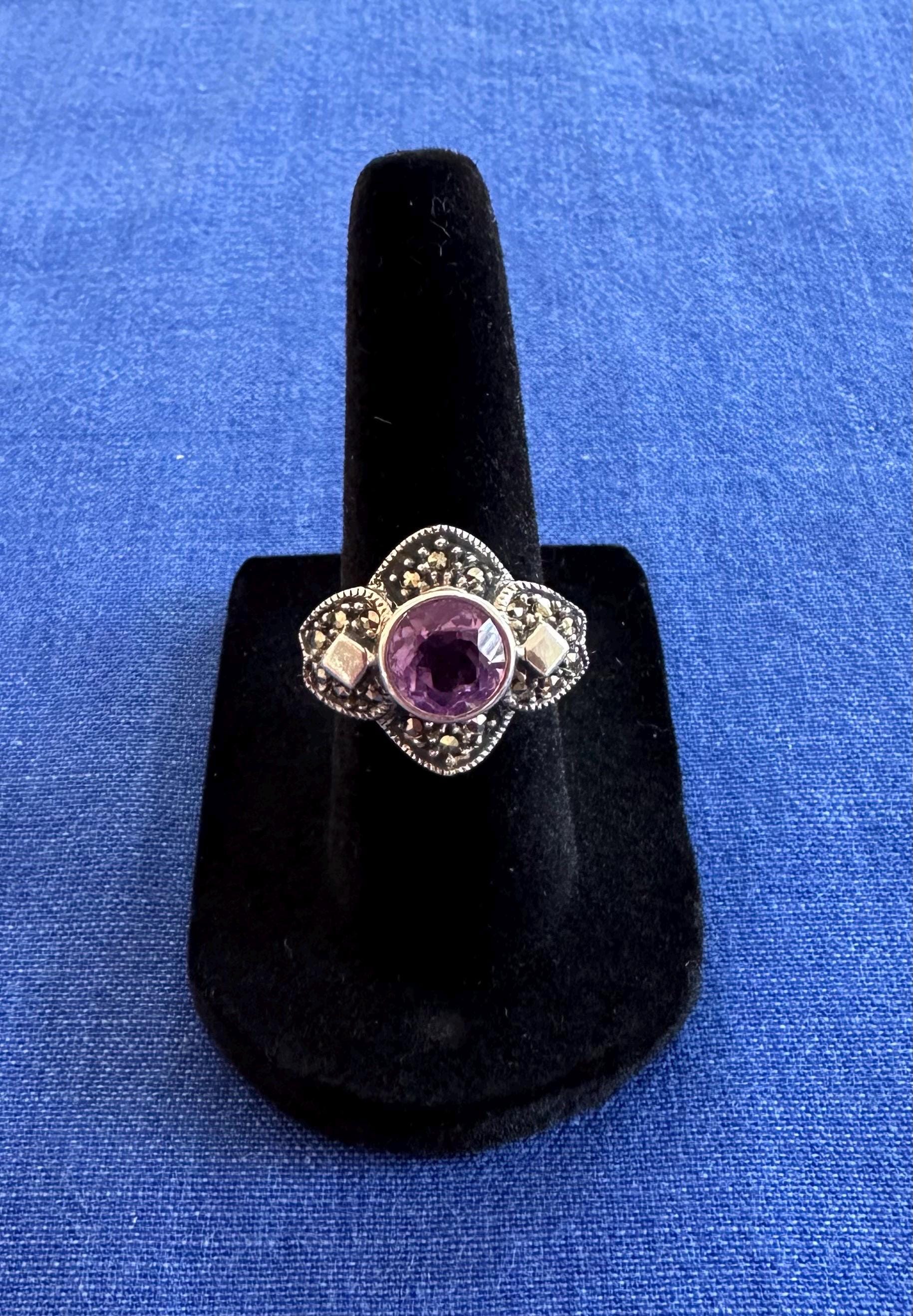 Vintage Sterling Silver Amethyst Marcasite Ring