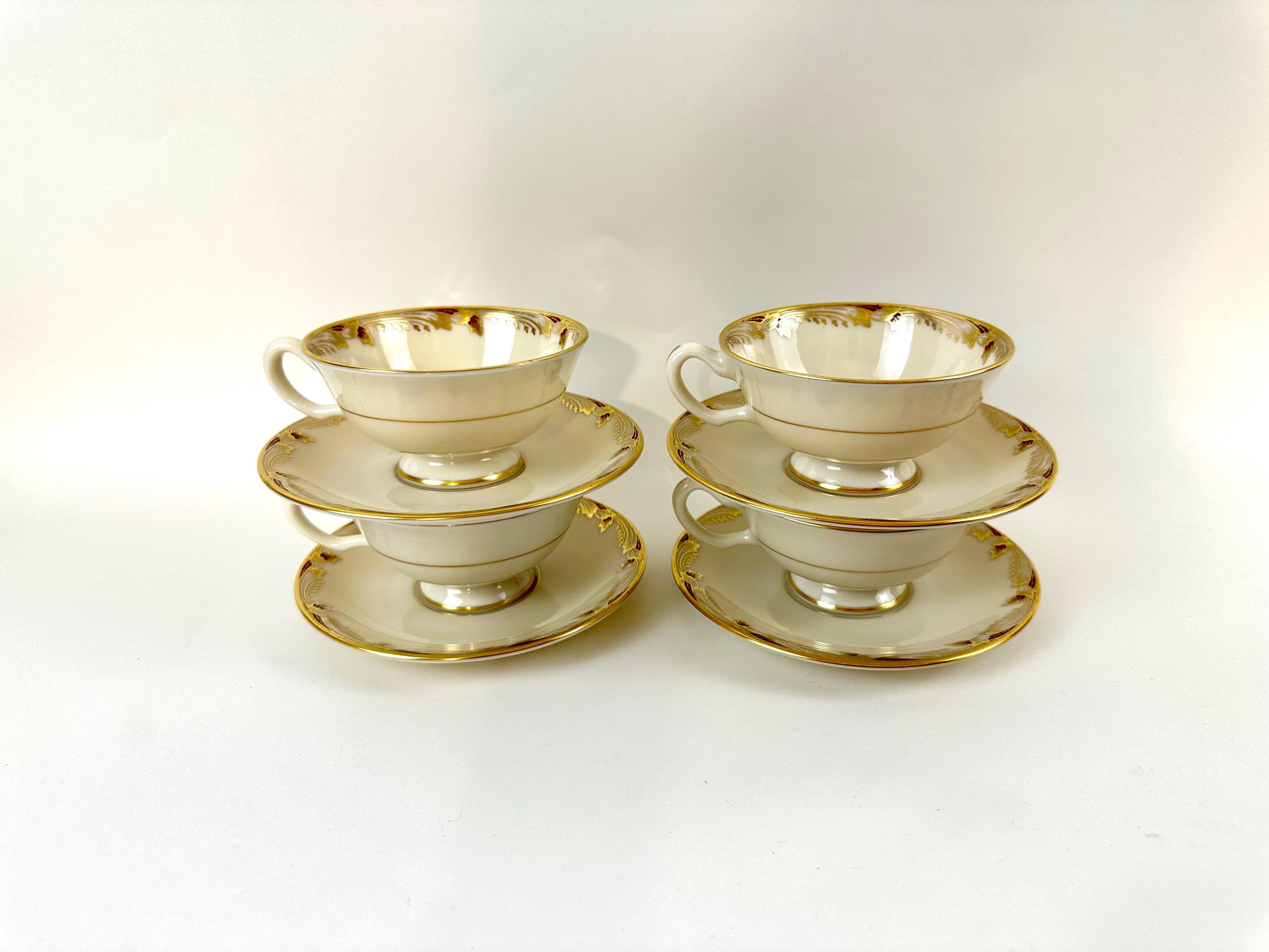 4 Lenox Essex Maroon Teacups and Saucers