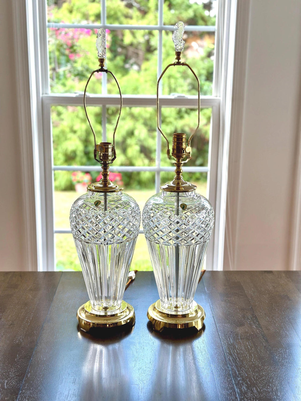 Pair of Waterford Belline Crystal and Brass Tall Lamps 30”