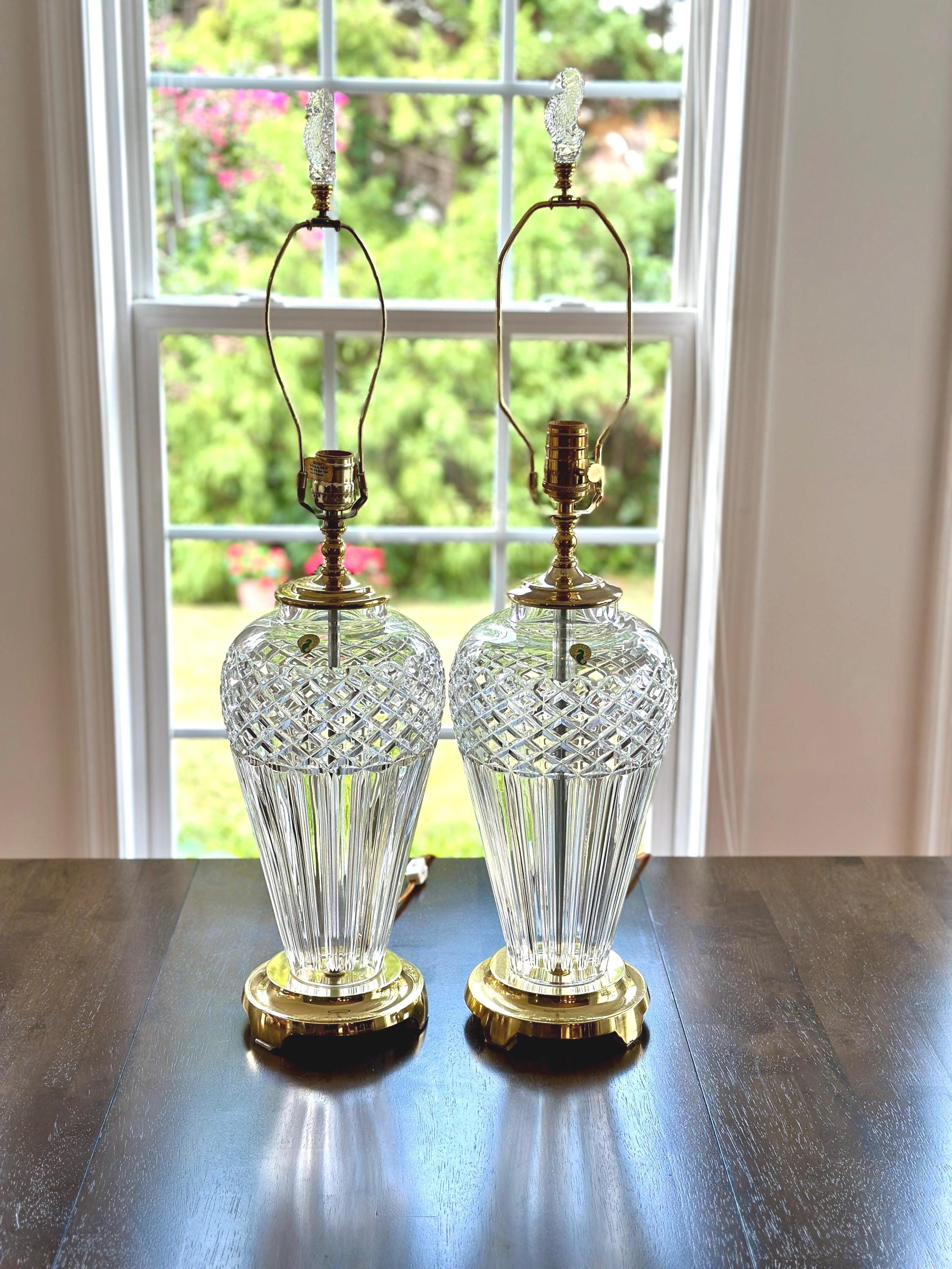 Pair of Waterford Belline Crystal and Brass Tall Lamps 30”