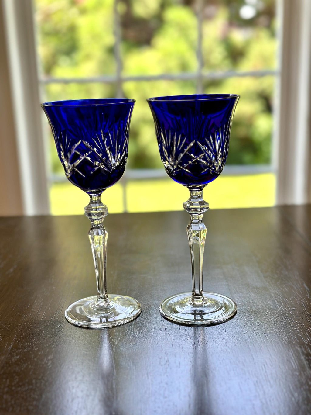 2 Gorham Crystal Cobalt Blue  Wine Glasses Cherrywood