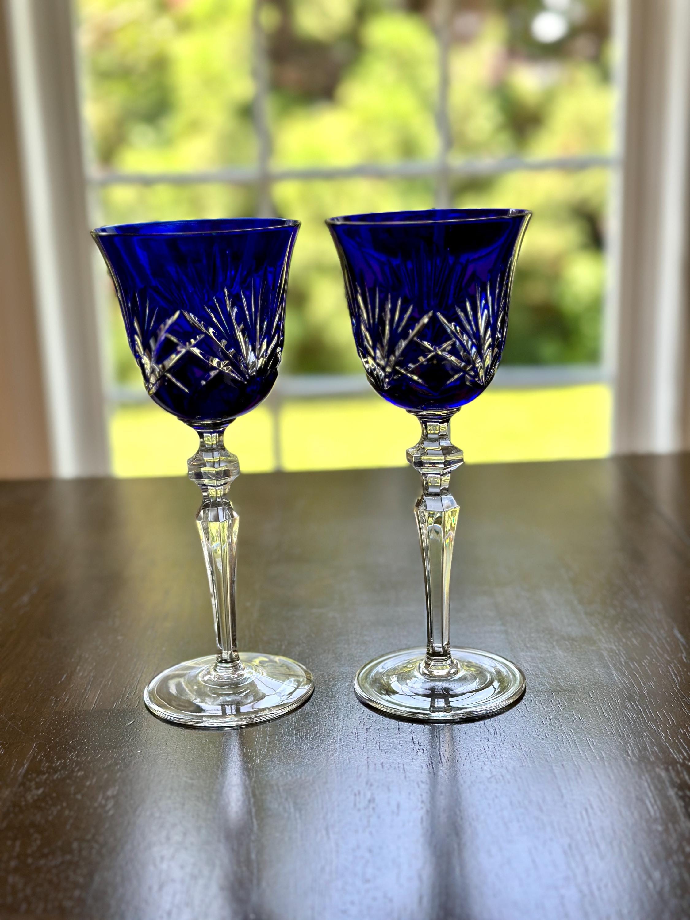 2 Gorham Crystal Cobalt Blue  Wine Glasses Cherrywood