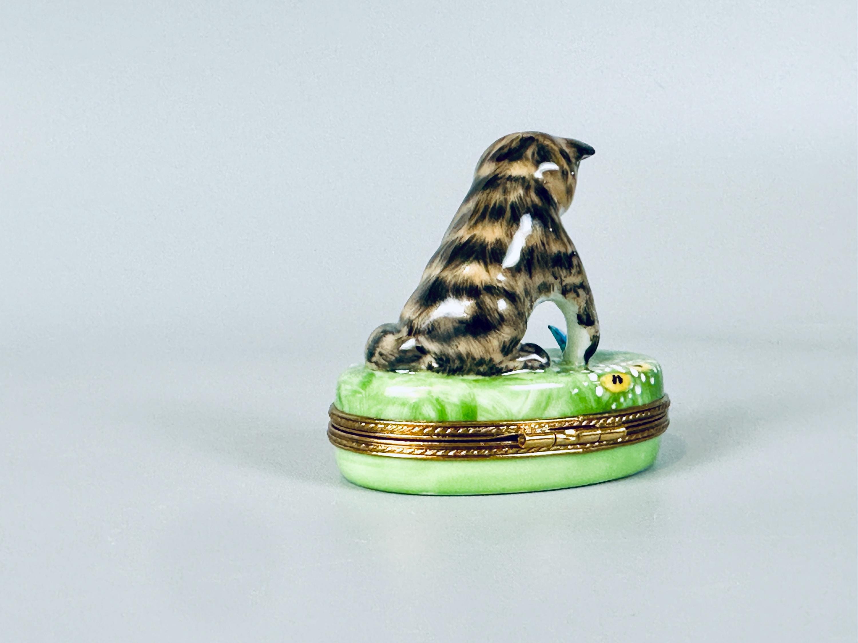 Limoges Trinket Box by Porcelaine Pierre Arguie Cat with Butterfly