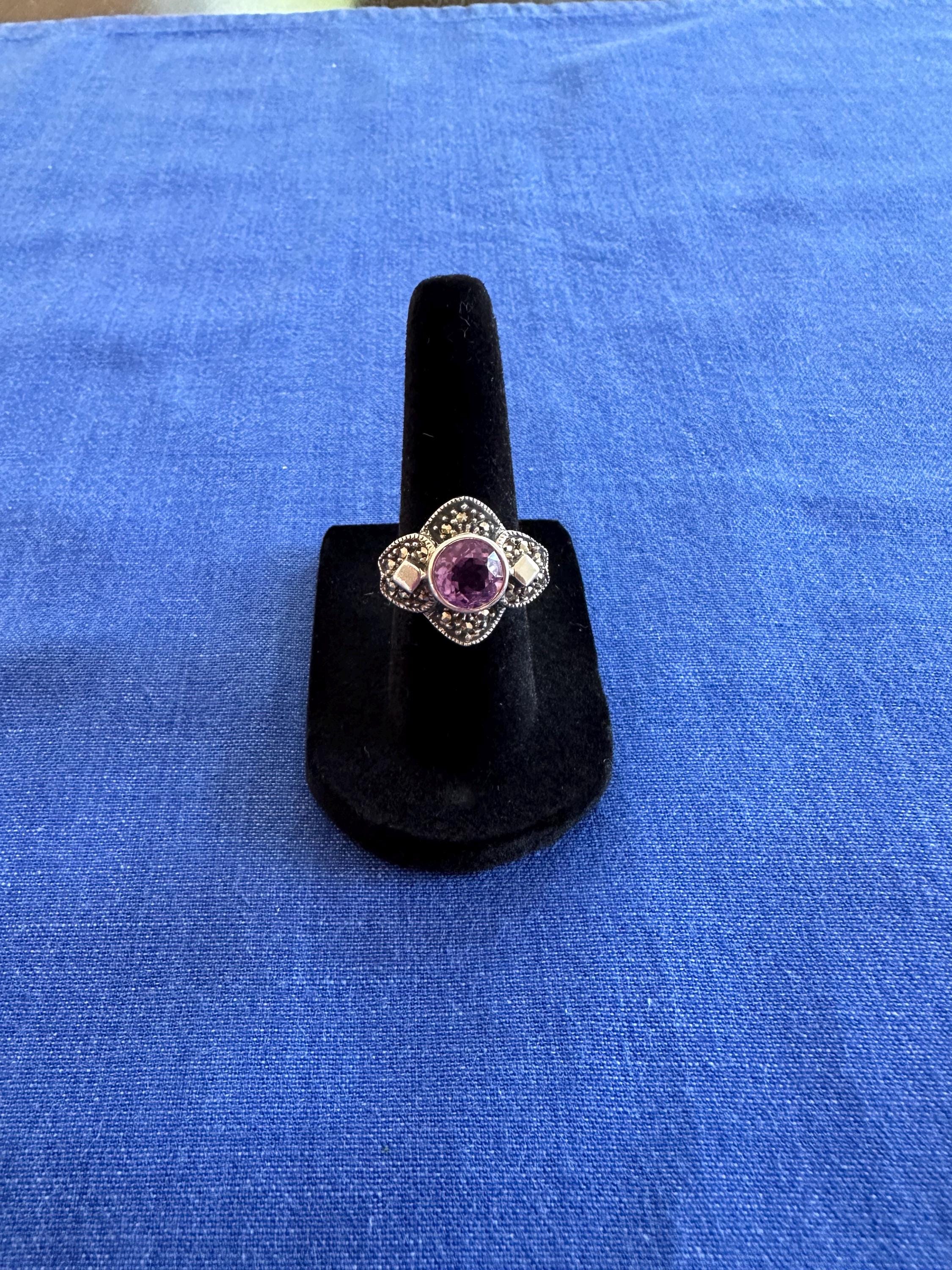 Vintage Sterling Silver Amethyst Marcasite Ring