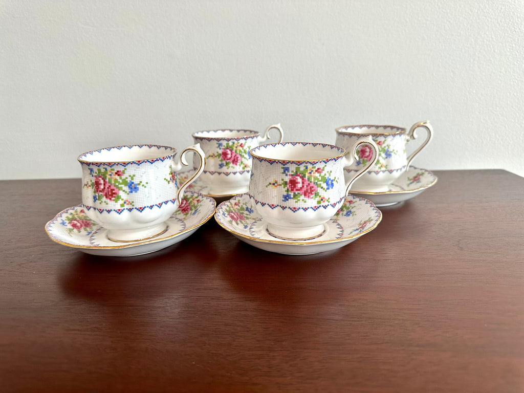4 Royal Albert Petite Point Teacups and Saucers