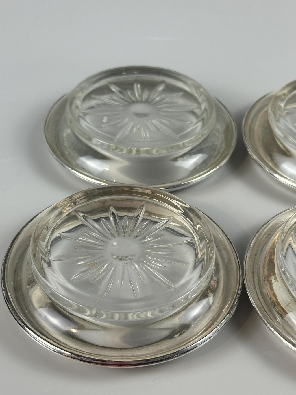 4 Antique Whiting Silver Sterling and Glass Coasters