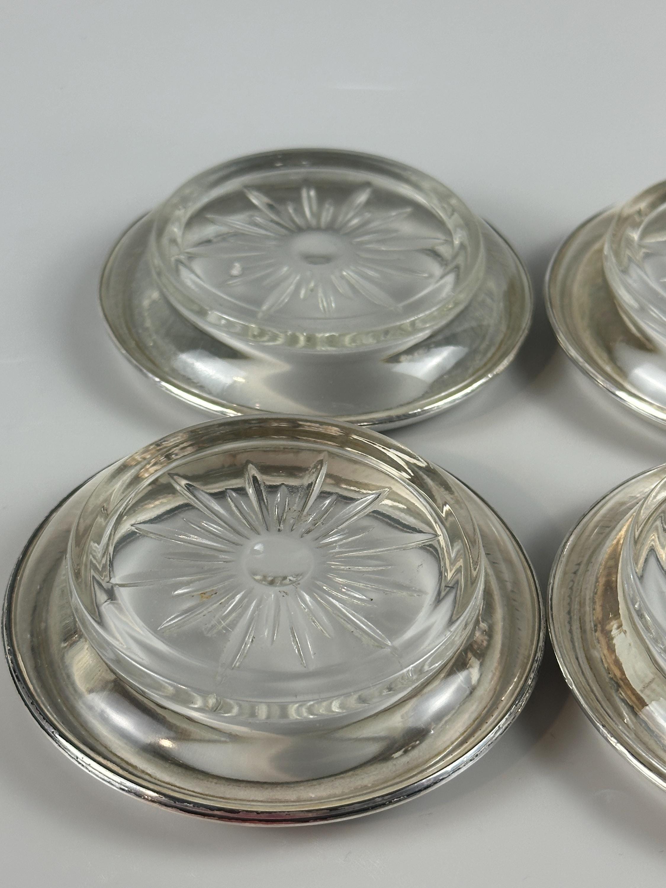 4 Antique Whiting Silver Sterling and Glass Coasters