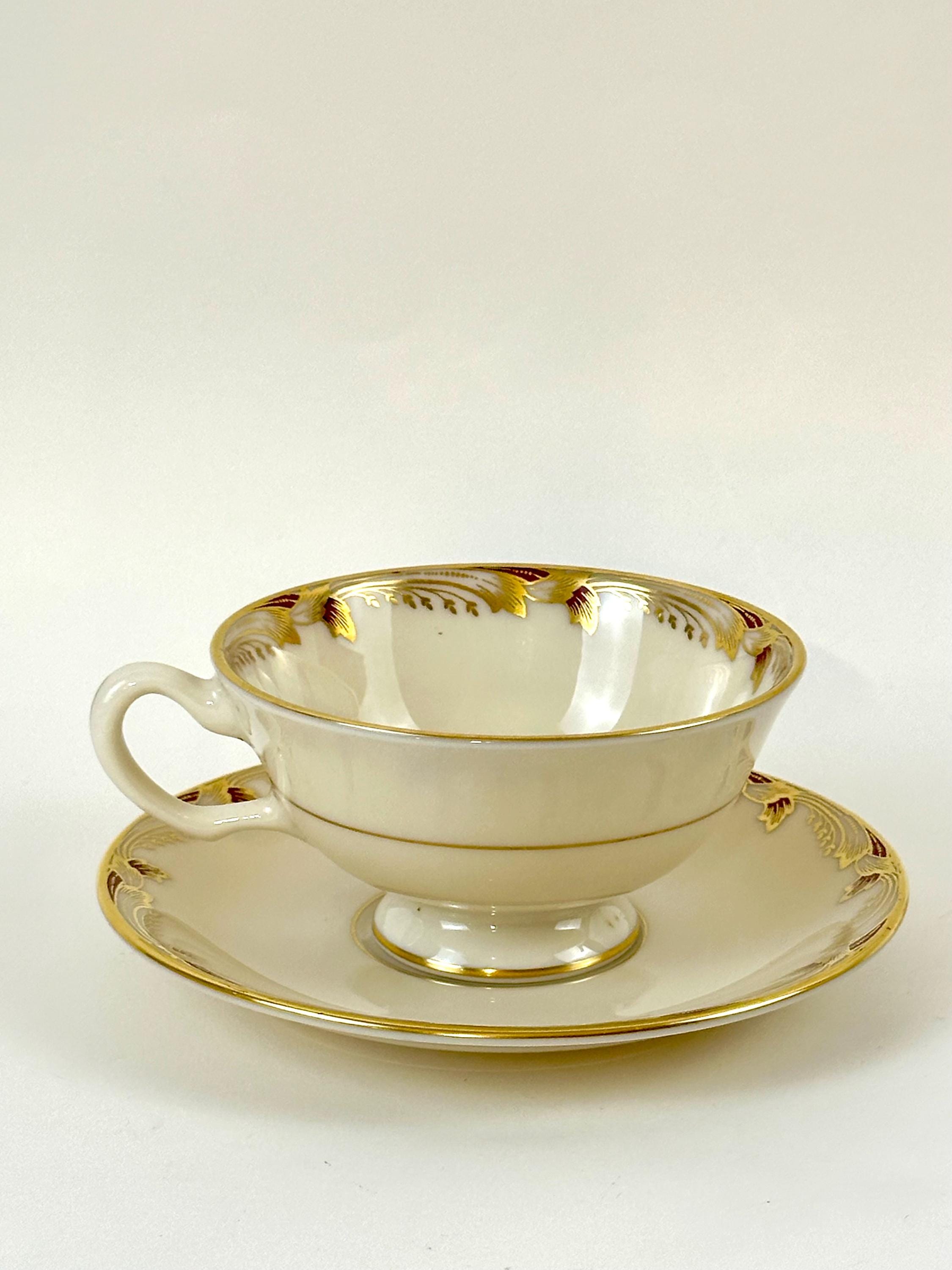 4 Lenox Essex Maroon Teacups and Saucers
