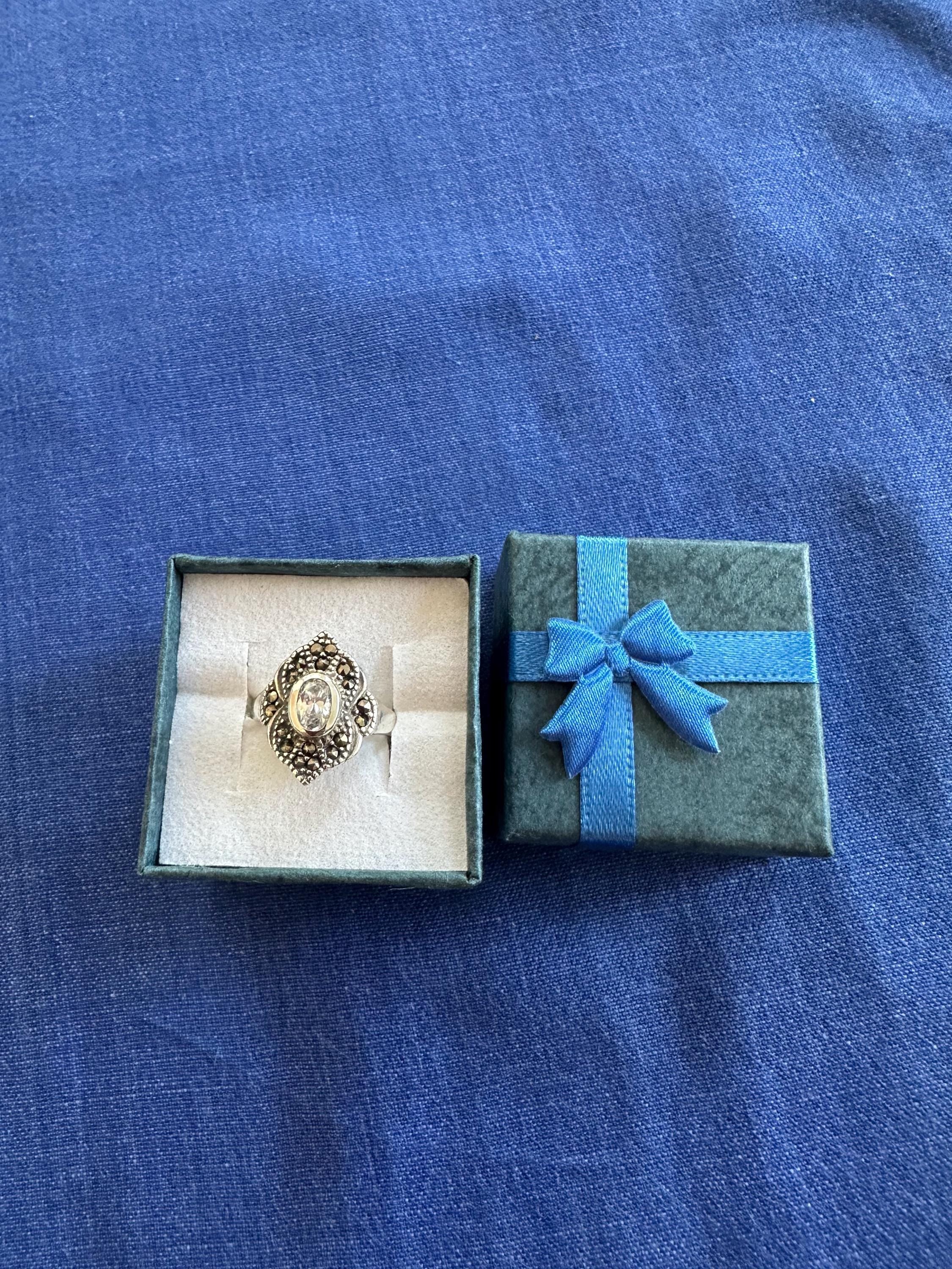 Vintage Sterling Silver Marcasite and Cubic Zirconia Cocktail Ring