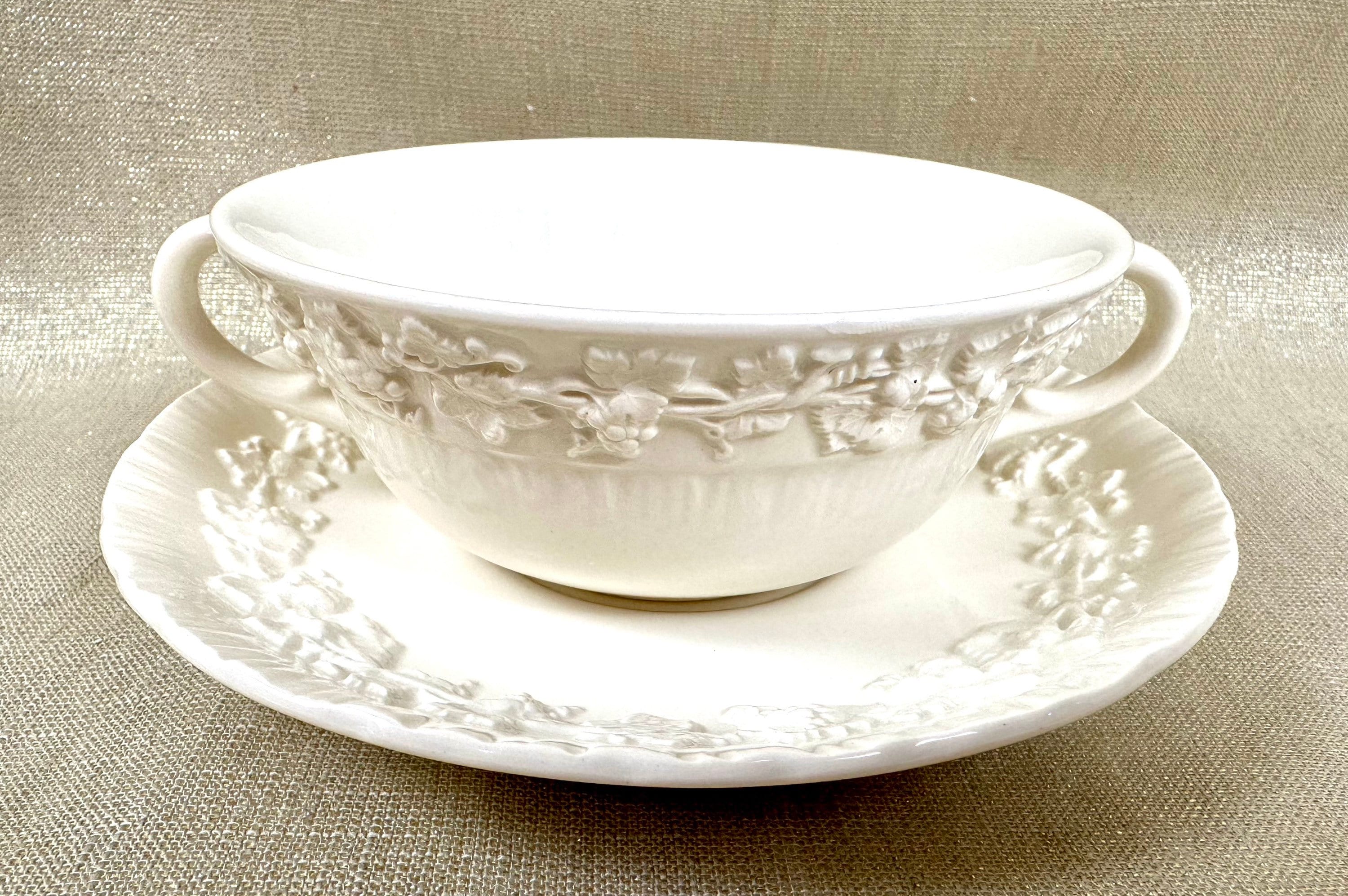2 Wedgwood Queensware Cream Soup Bowls & Saucers - Grape Pattern