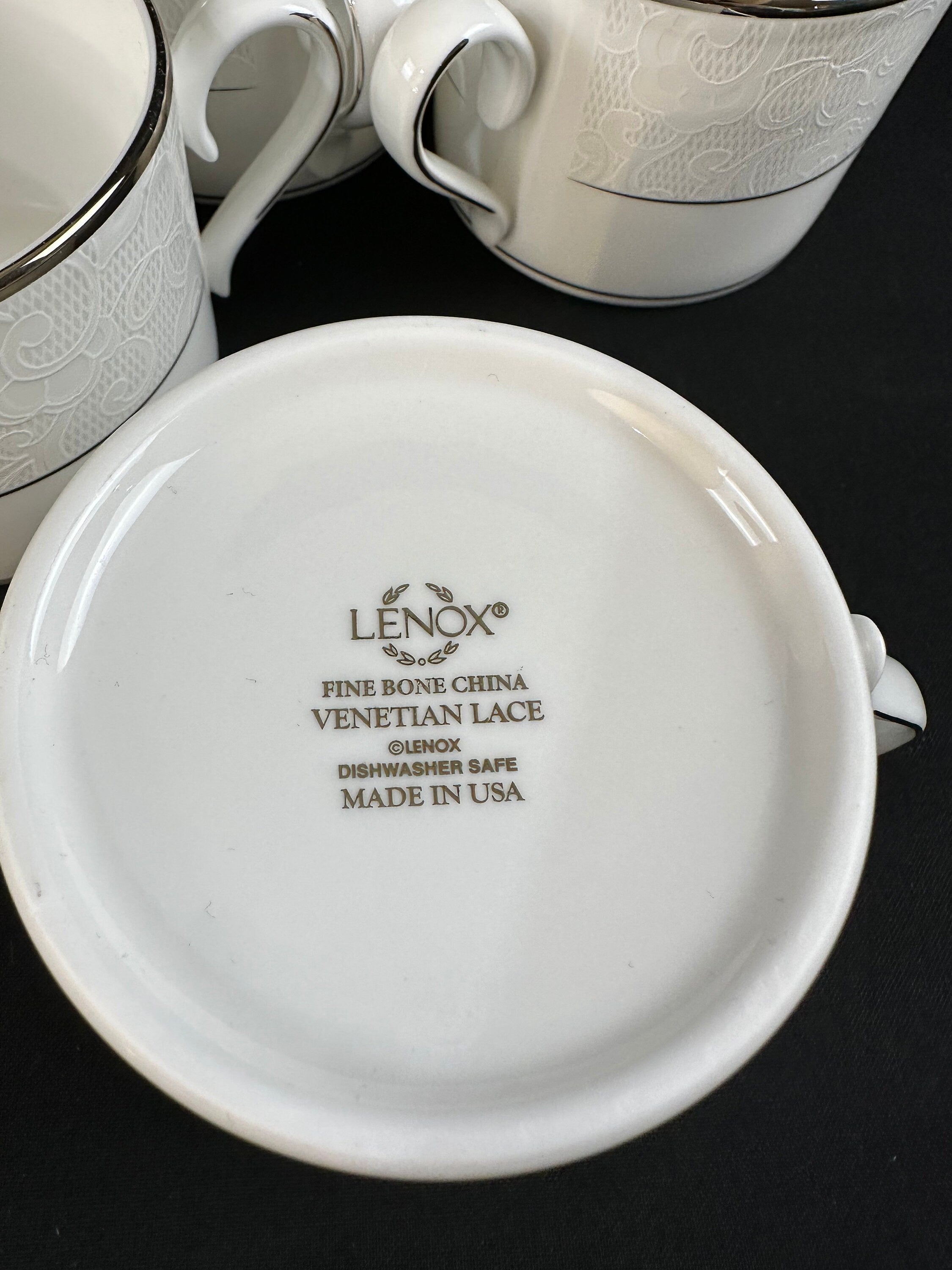 4 Lenox Venetian Lace Flat Teacups