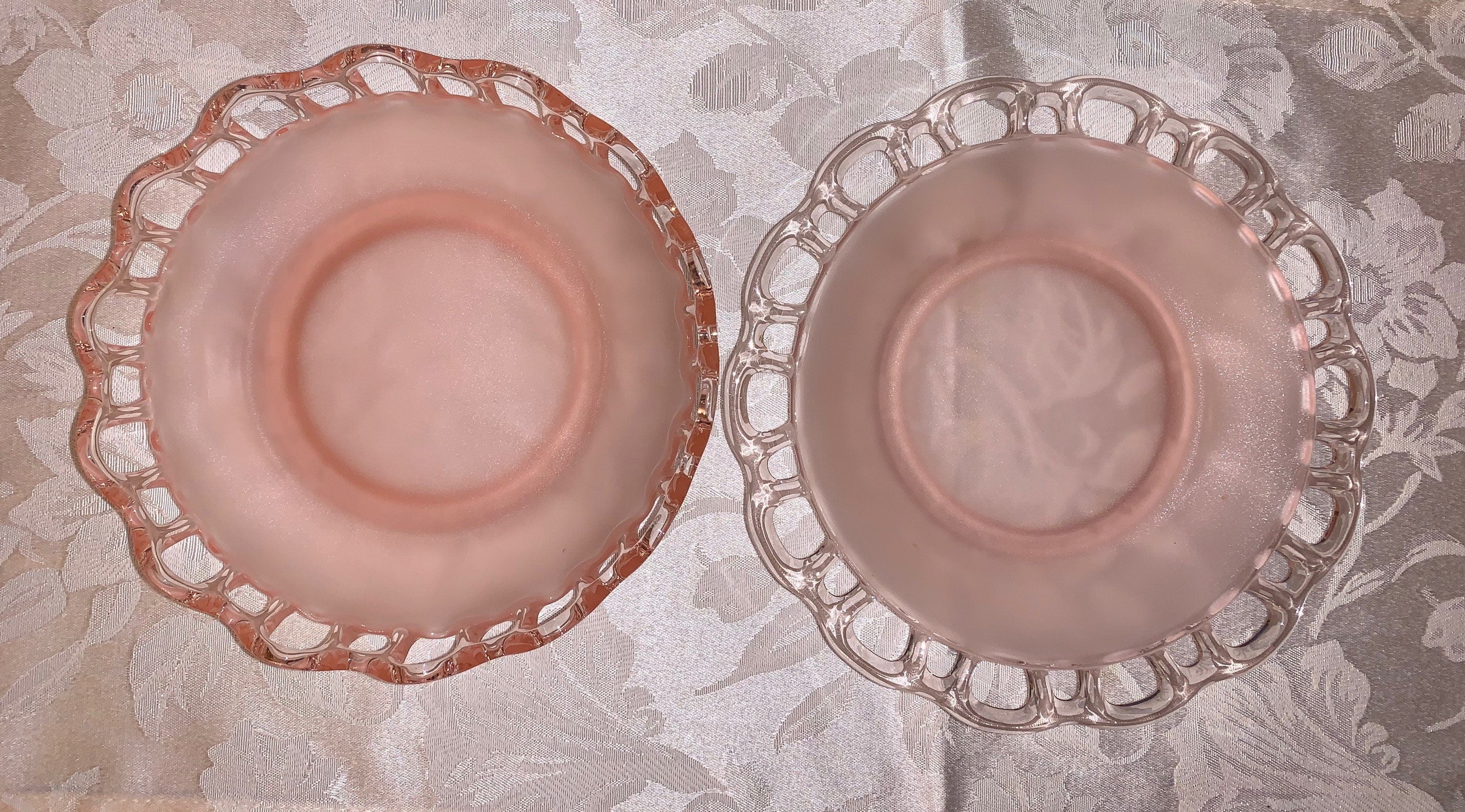 2 Lace Edge Pink Frosted Bowls/ Old Colony Depression Glass Bowls