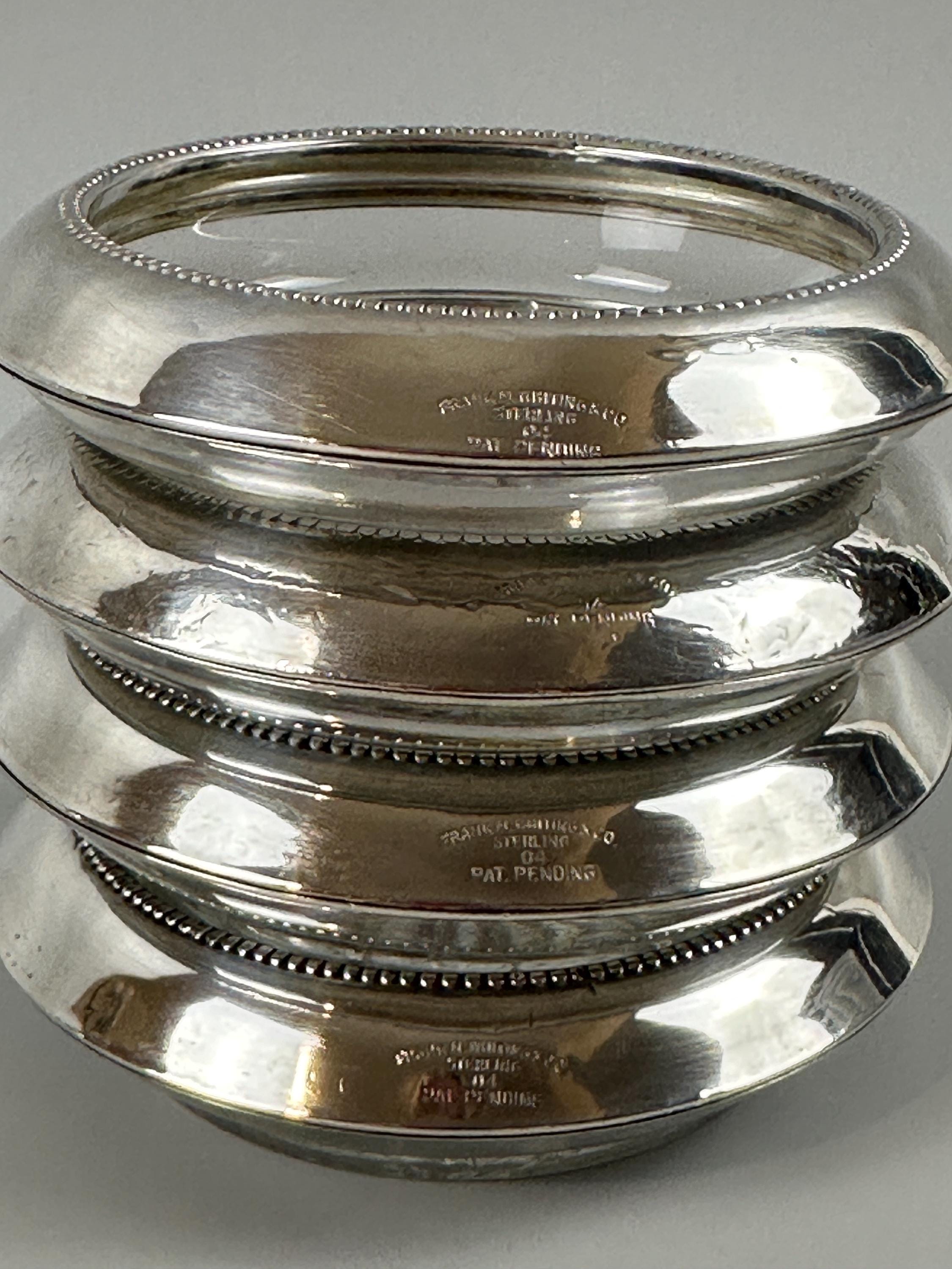 4 Antique Whiting Silver Sterling and Glass Coasters