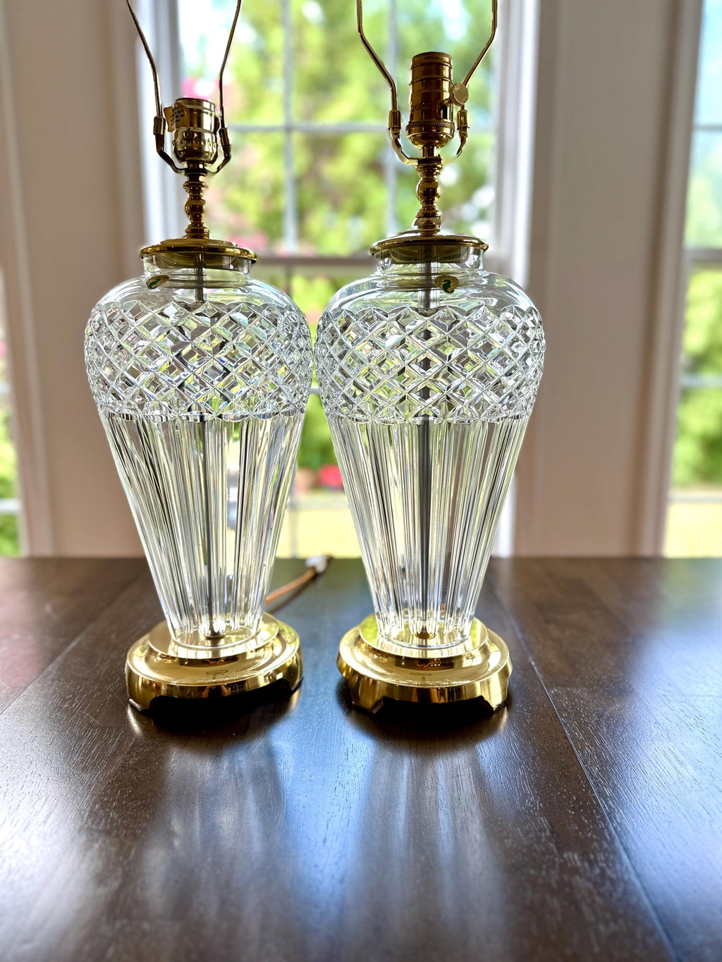 Pair of Waterford Belline Crystal and Brass Tall Lamps 30”