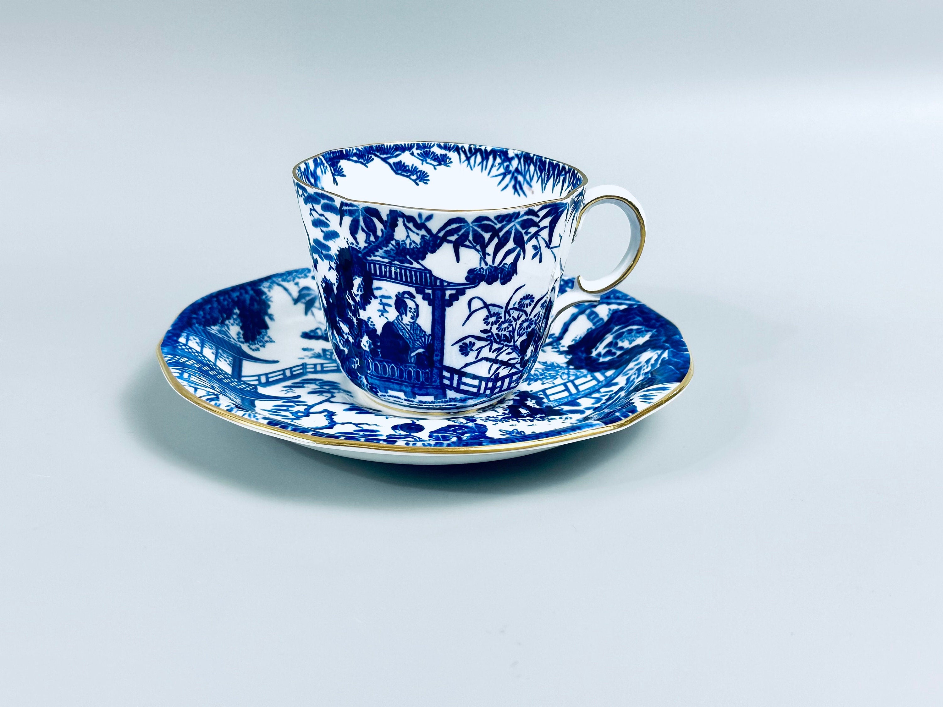 2 Royal Crown Derby Blue Mikado Teacups