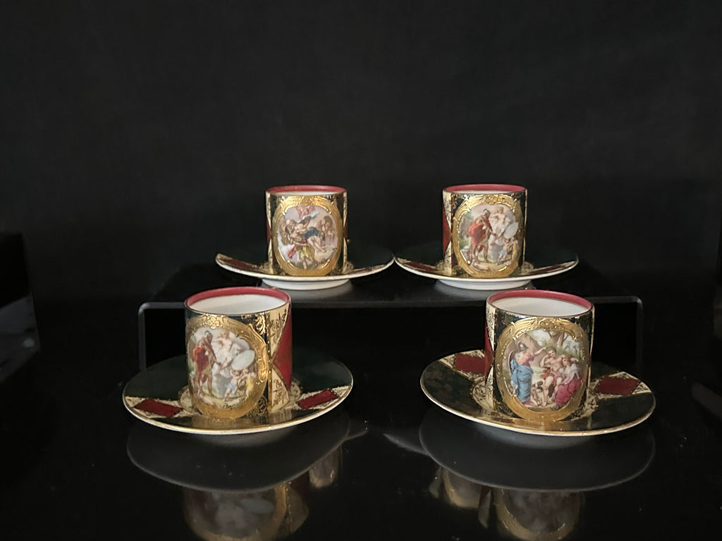 4 Antique Royal Vienna Reproduction Demitasse Cups and Saucers