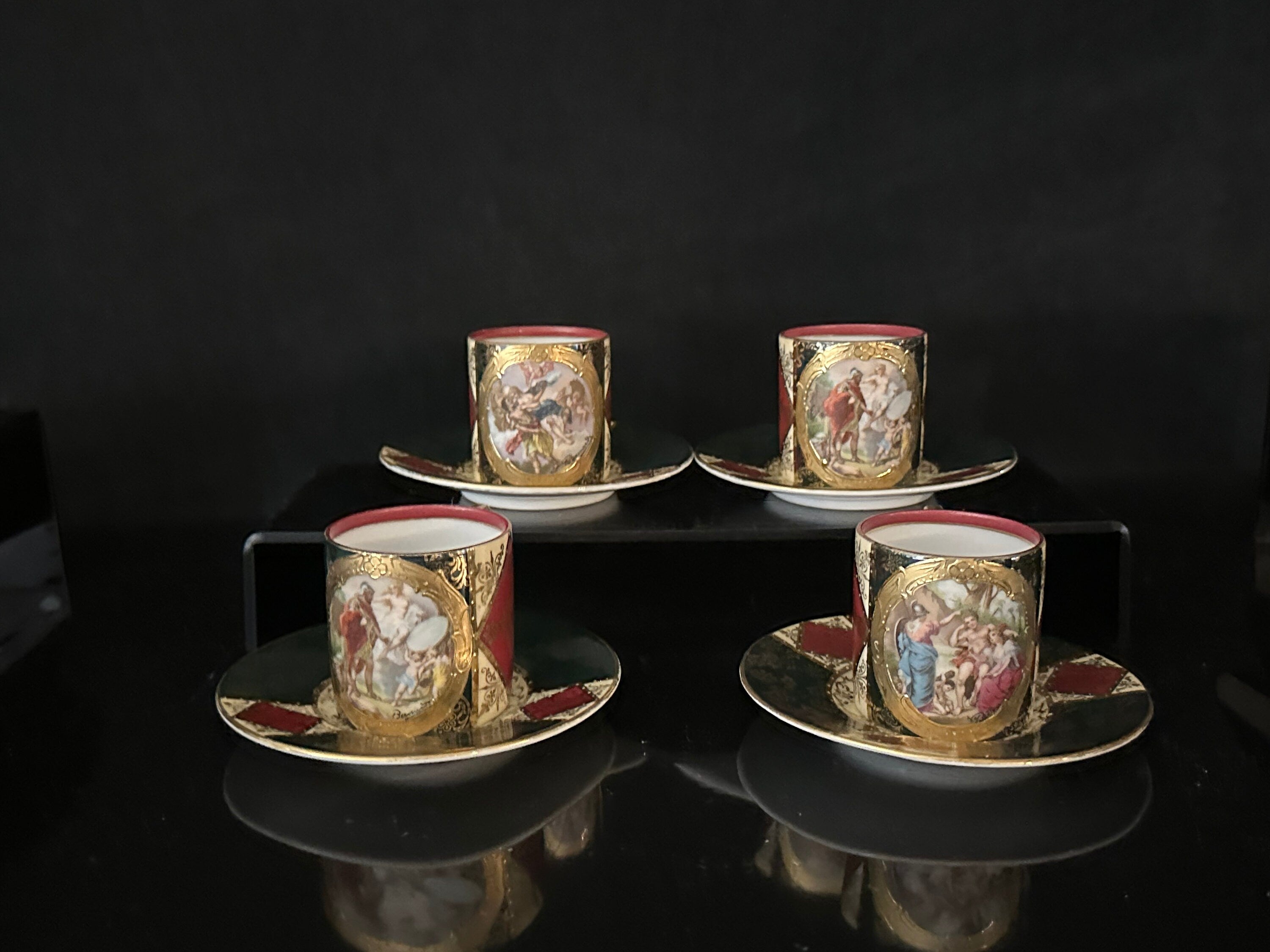 4 Antique Royal Vienna Reproduction Demitasse Cups and Saucers