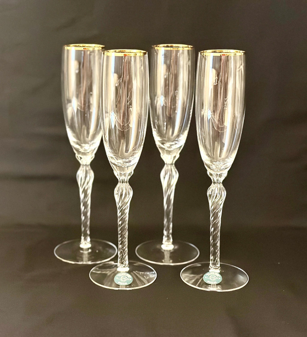 4 Lenox Monroe Champagne Flutes Gold Rims