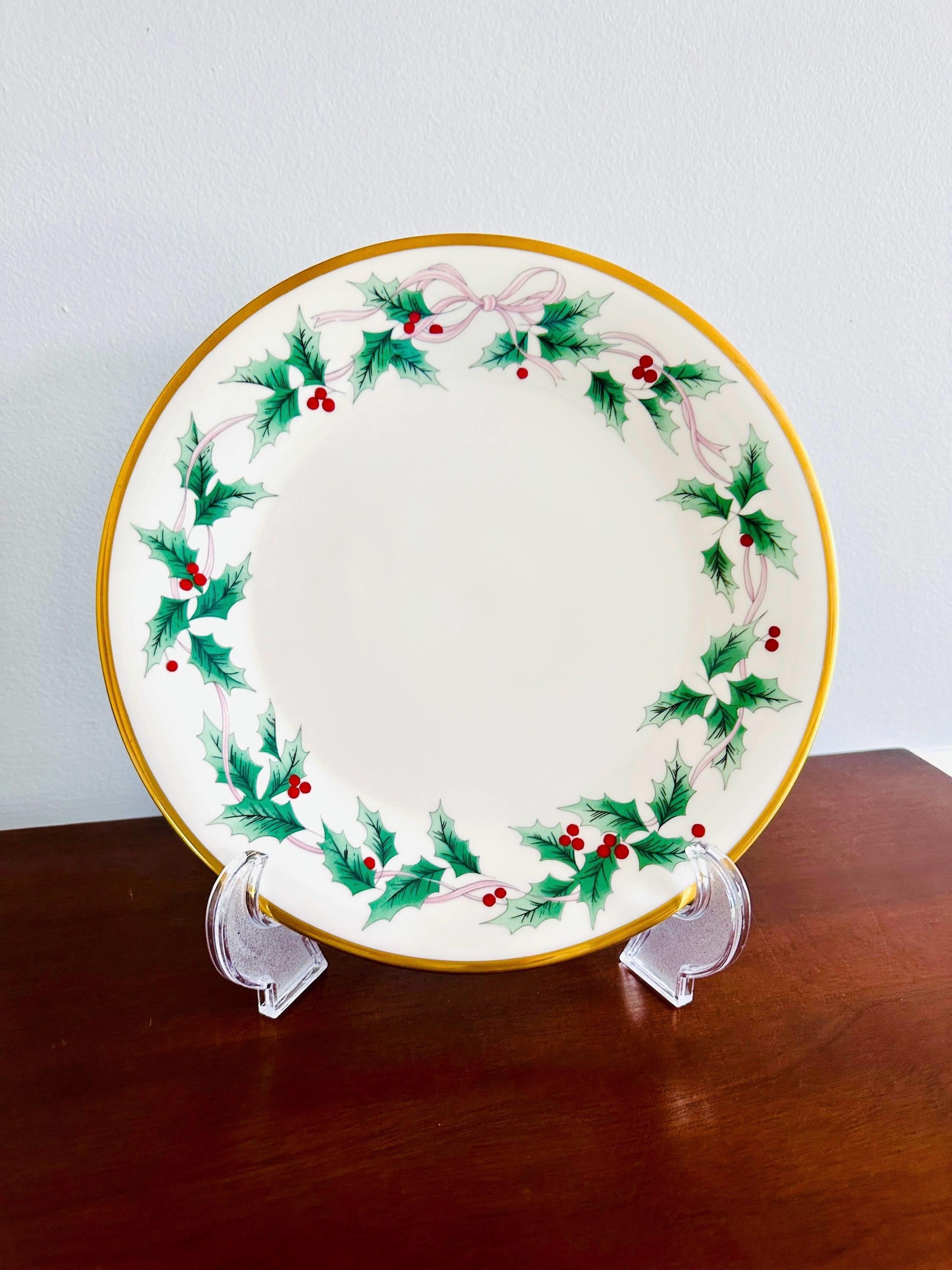 4 Mikasa Ribbon Holly Dinner Plates