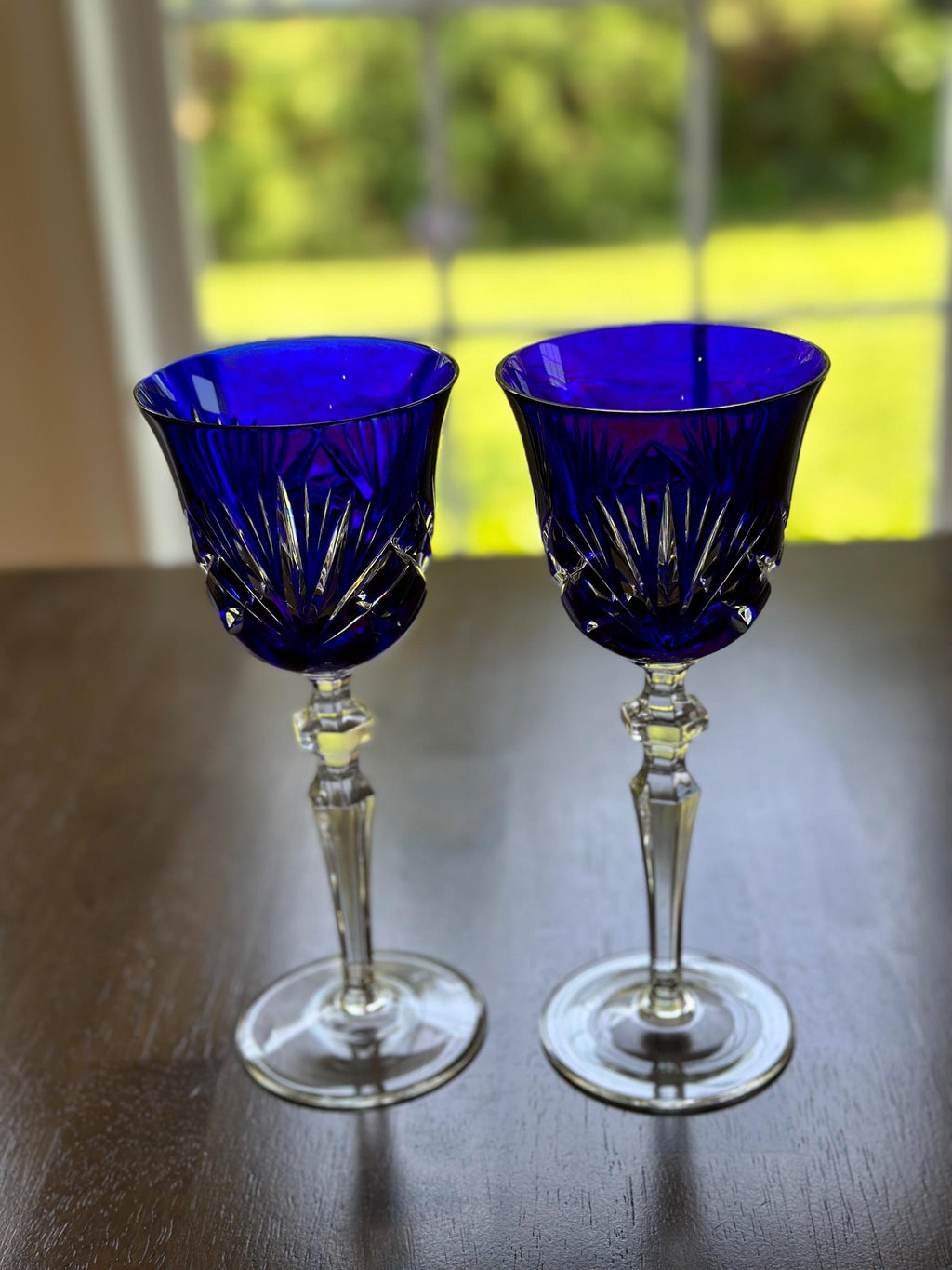 2 Gorham Crystal Cobalt Blue  Wine Glasses Cherrywood