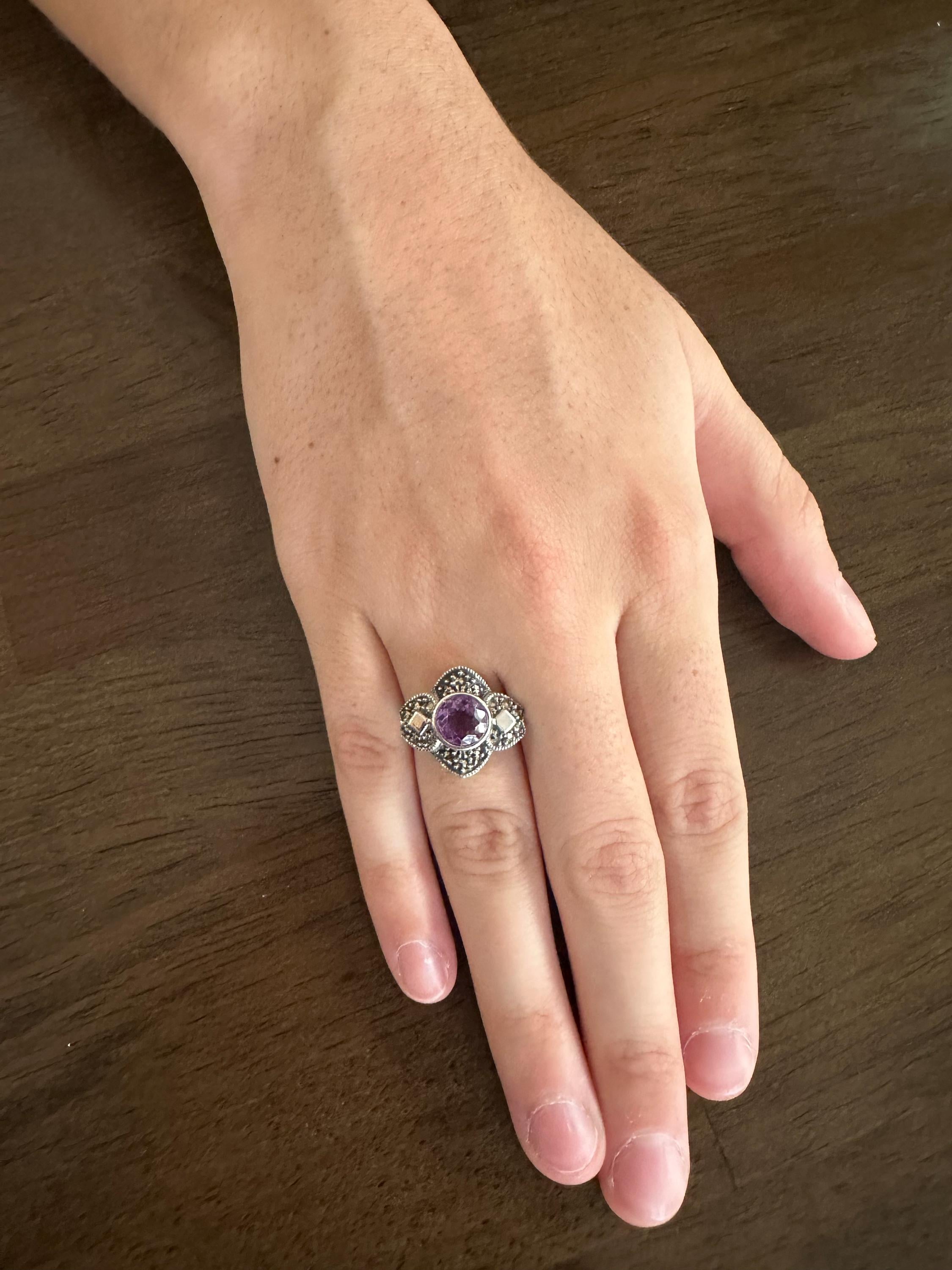Vintage Sterling Silver Amethyst Marcasite Ring