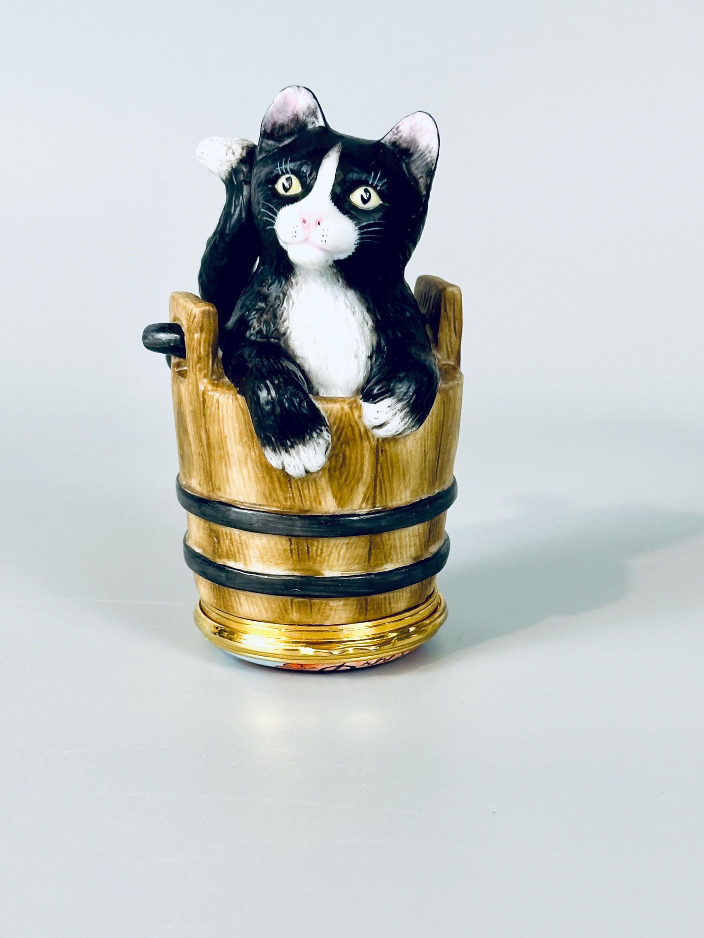 Limoges Trinket Box Black Cat in Bucket