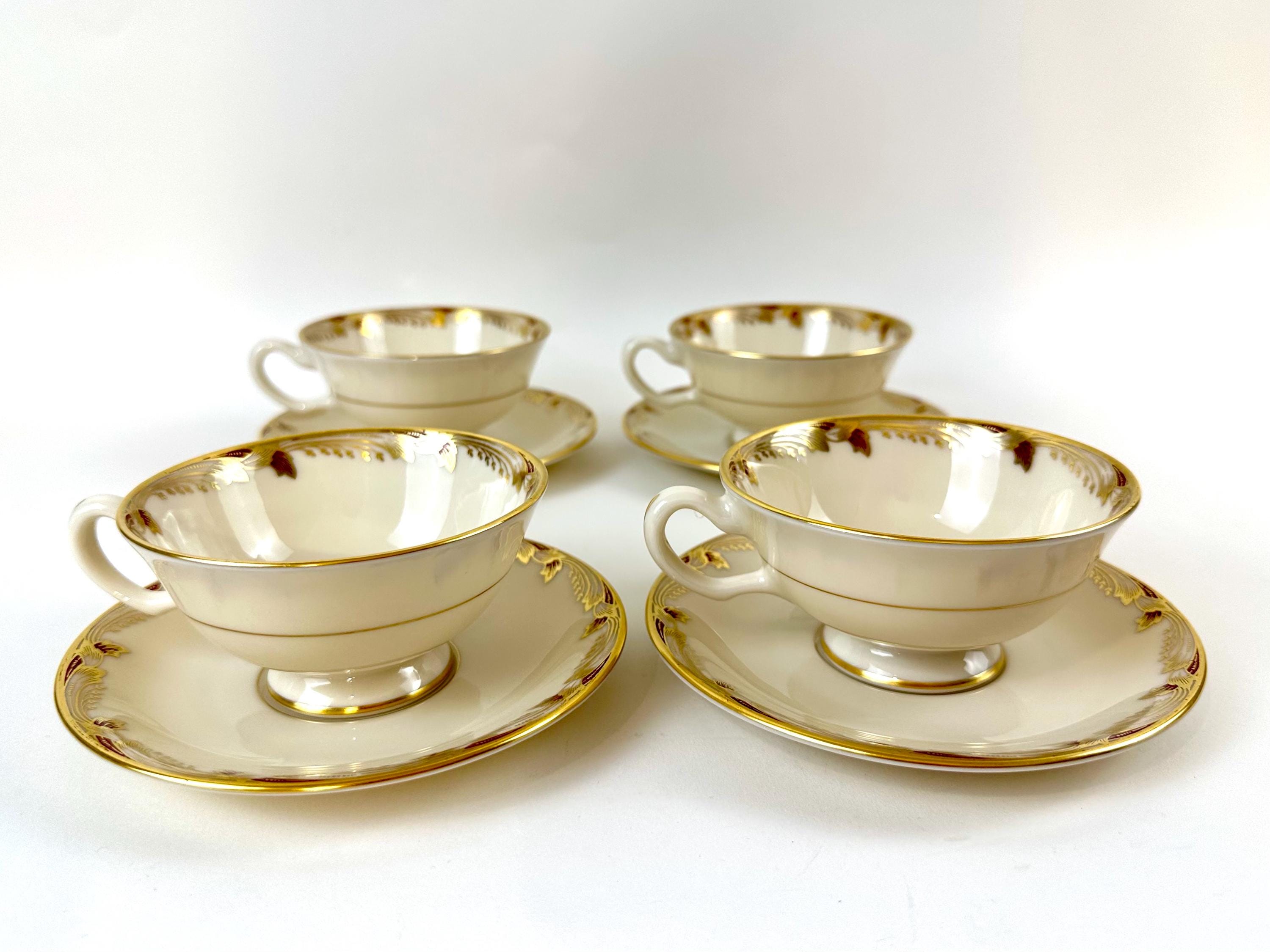 4 Lenox Essex Maroon Teacups and Saucers