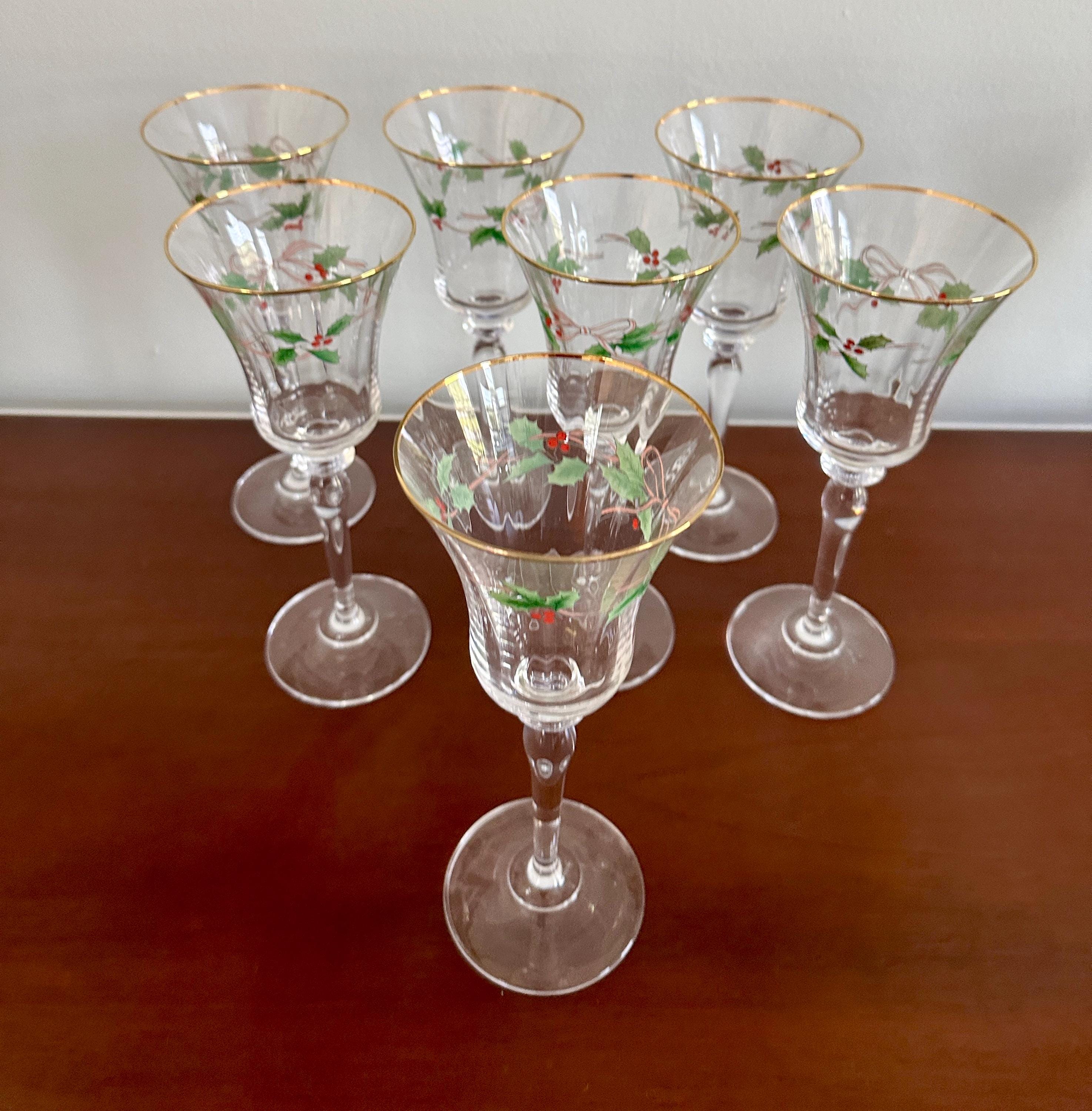 7 Mikasa Ribbon Holly Crystal Water Goblets