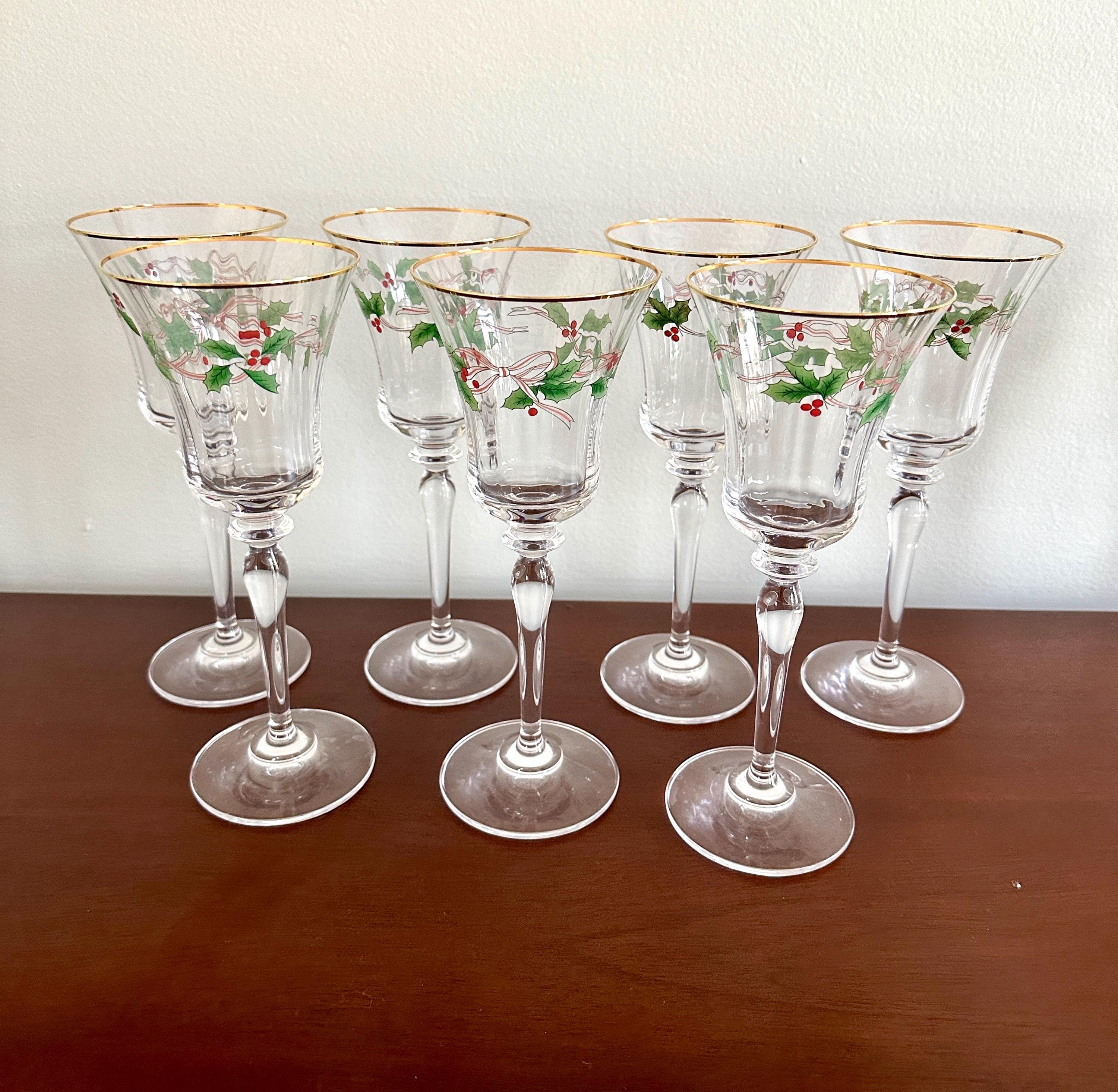 7 Mikasa Ribbon Holly Crystal Water Goblets