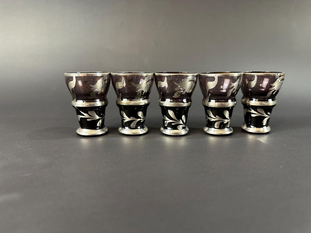 Five Amethyst Aparitif Glasses With Silver Overlay
