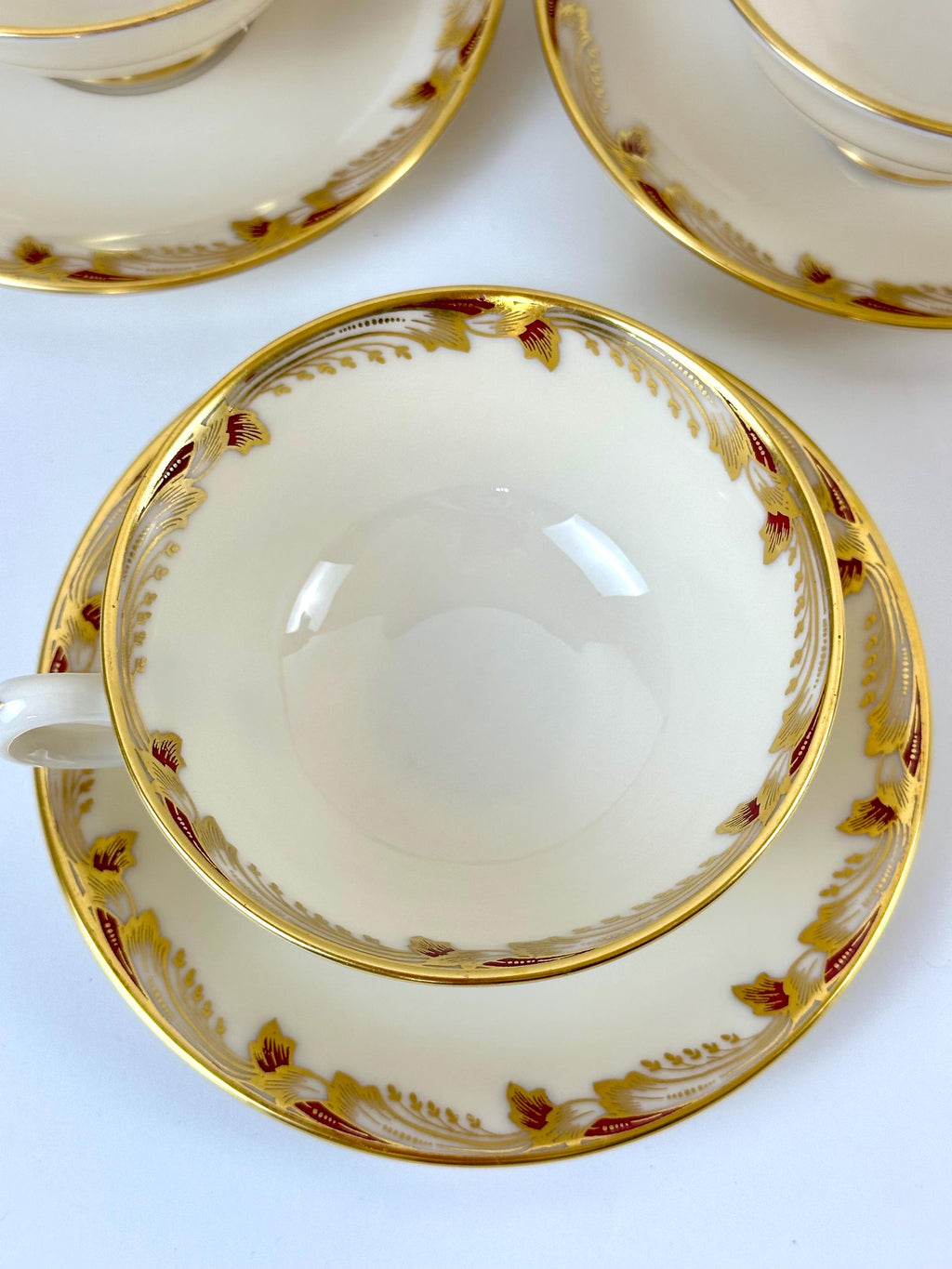 4 Lenox Essex Maroon Teacups and Saucers