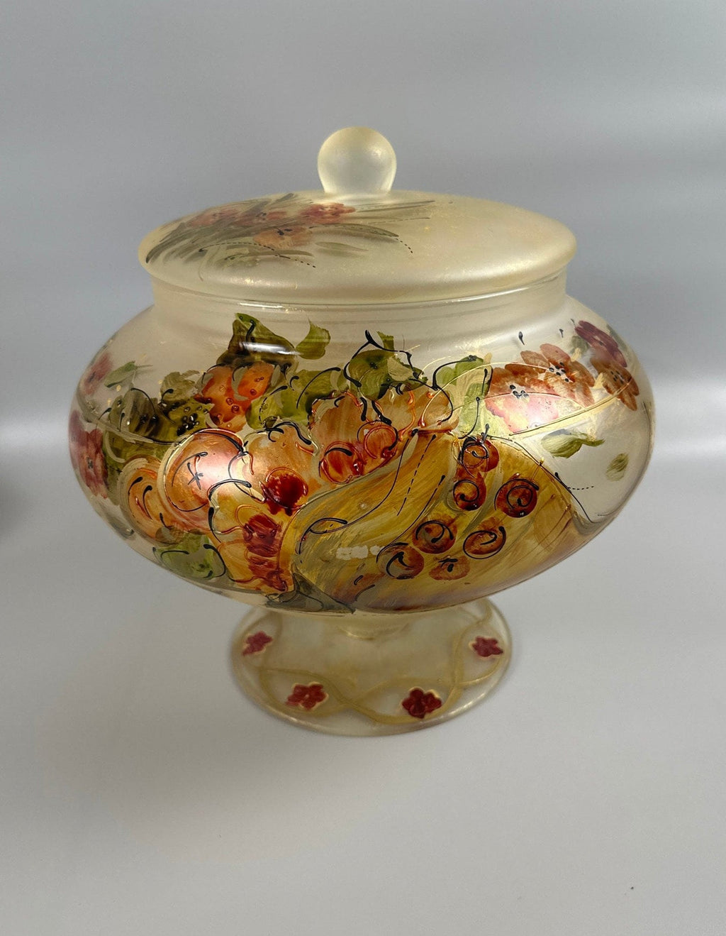 Vintage Large Murano Frosted Satin Glass With Hand Painted Flowers