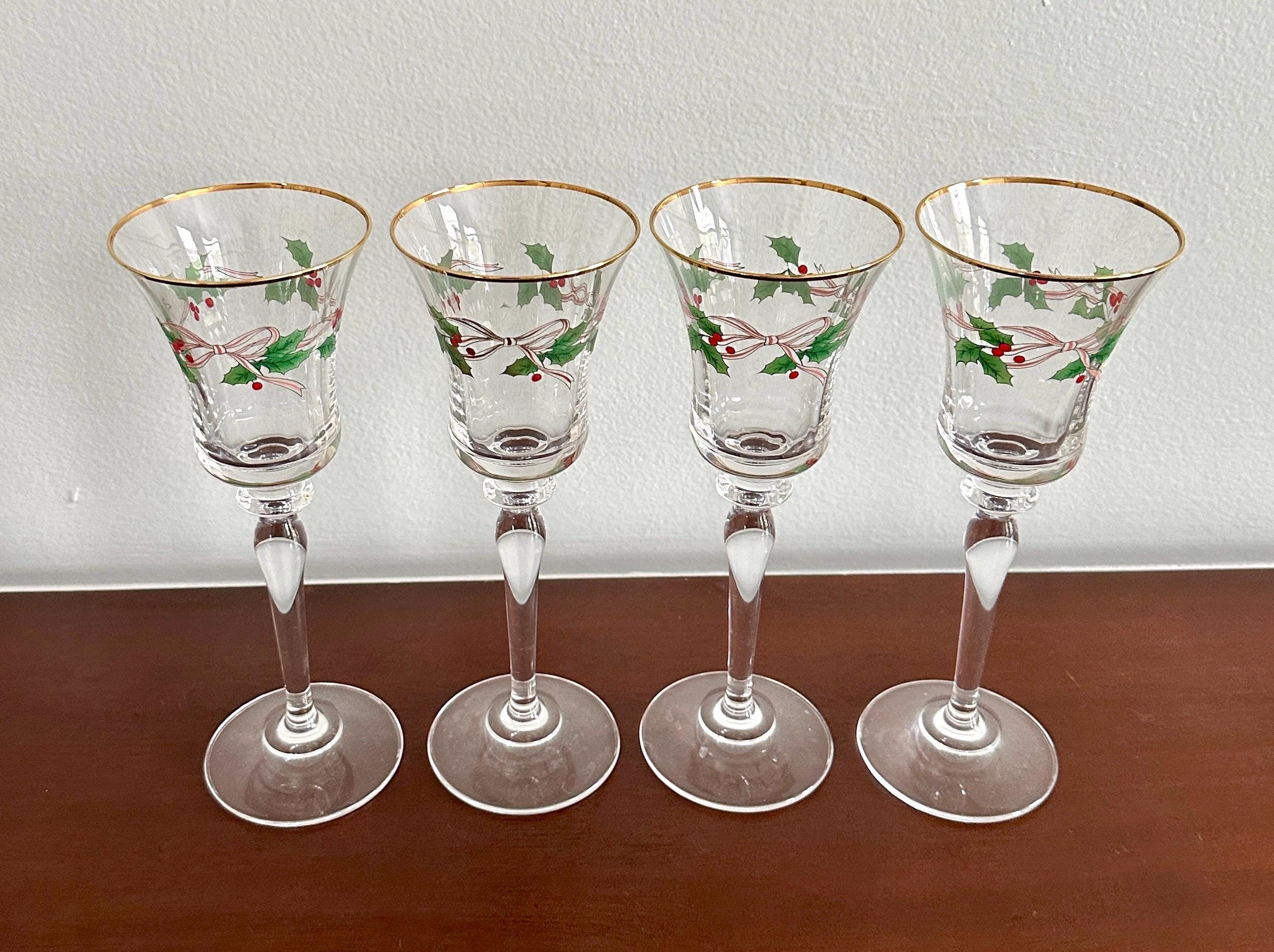 4 Mikasa Crystal Ribbon and Holly Wine Glasses