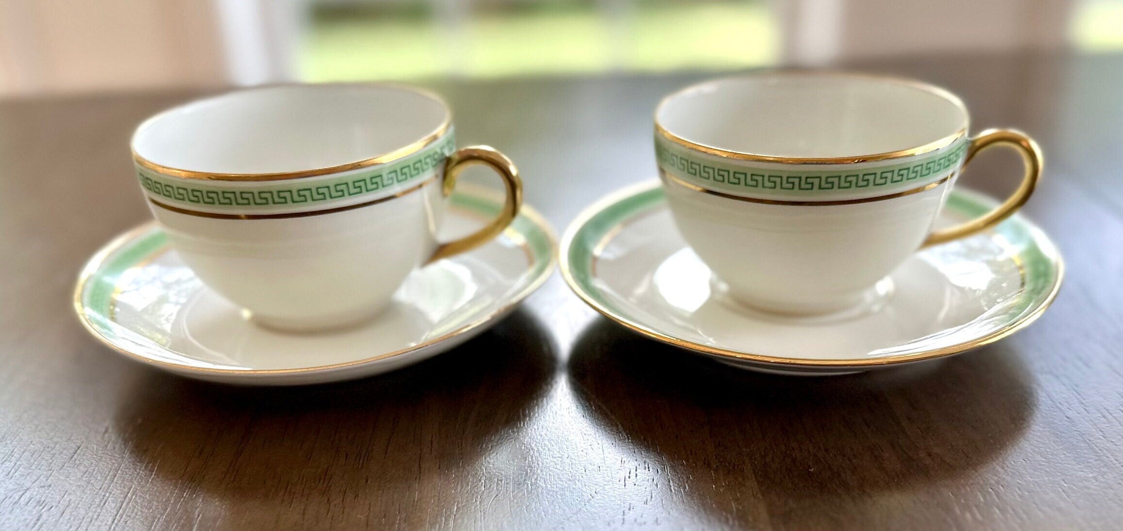 2 Bernardaud Green Greek Key Teacups