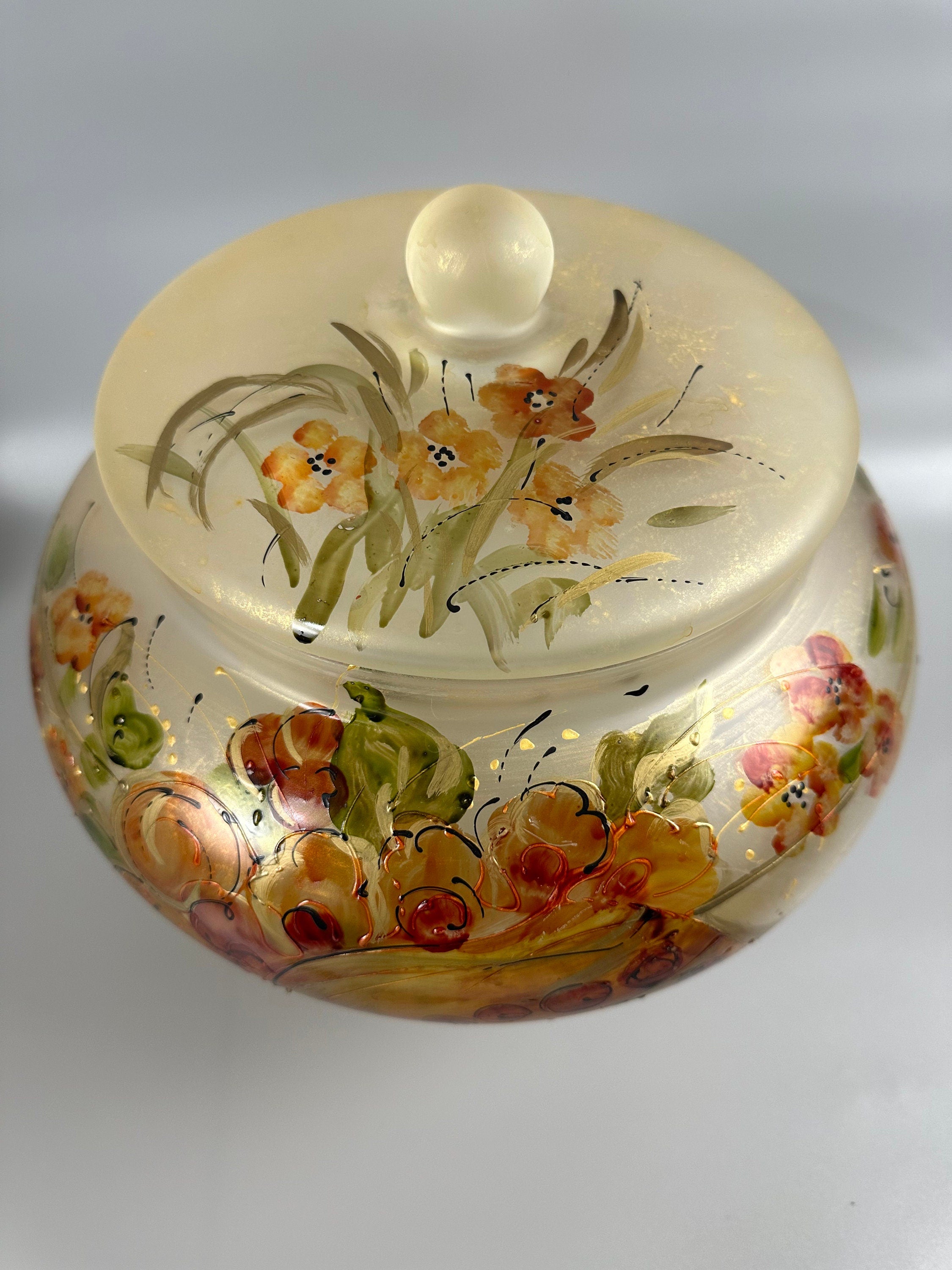 Vintage Large Murano Frosted Satin Glass With Hand Painted Flowers