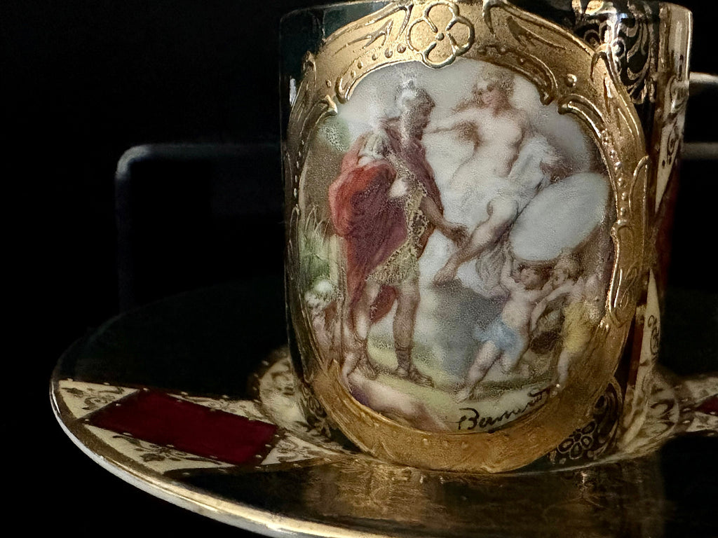 4 Antique Royal Vienna Reproduction Demitasse Cups and Saucers