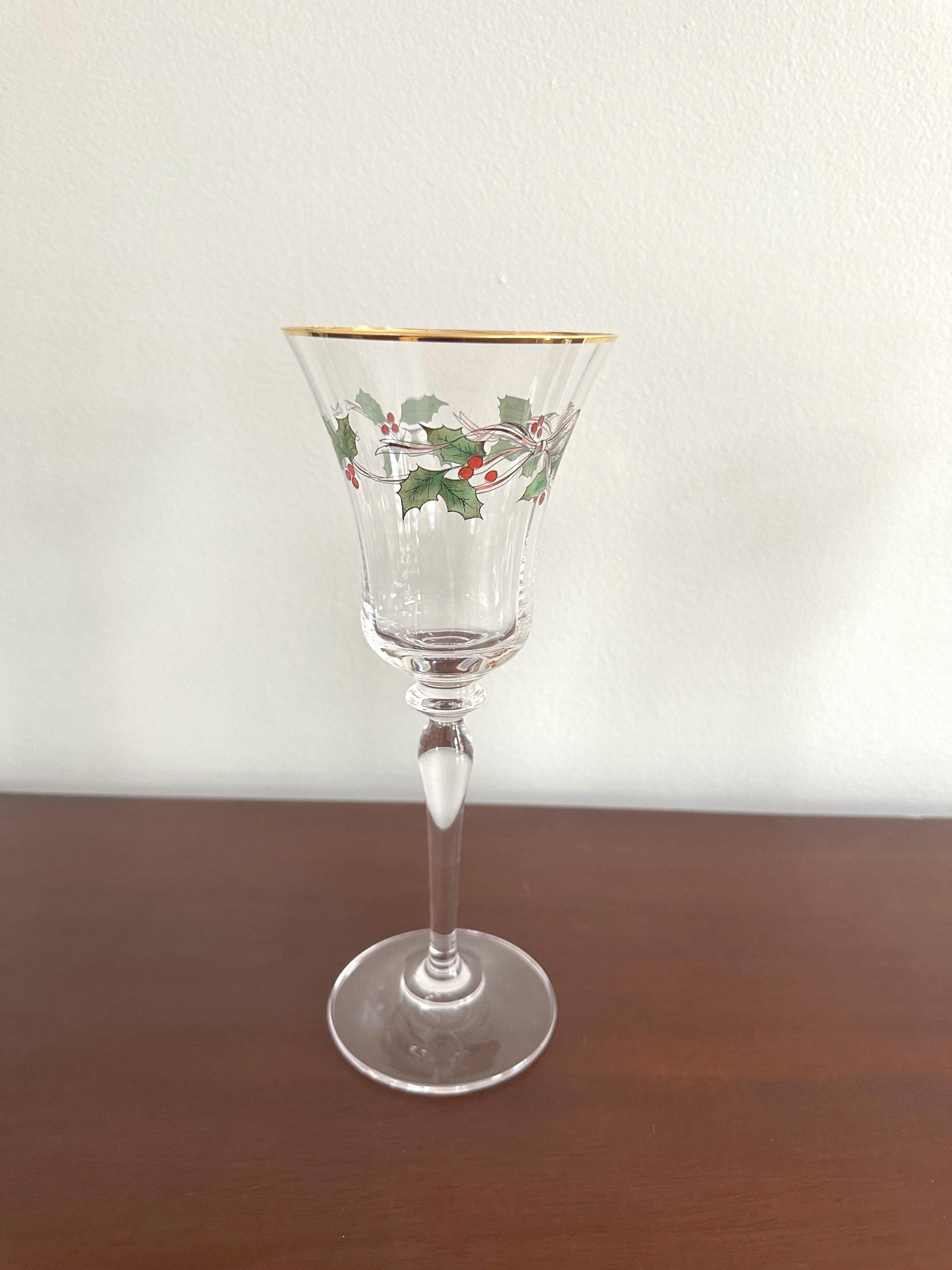 7 Mikasa Ribbon Holly Crystal Water Goblets