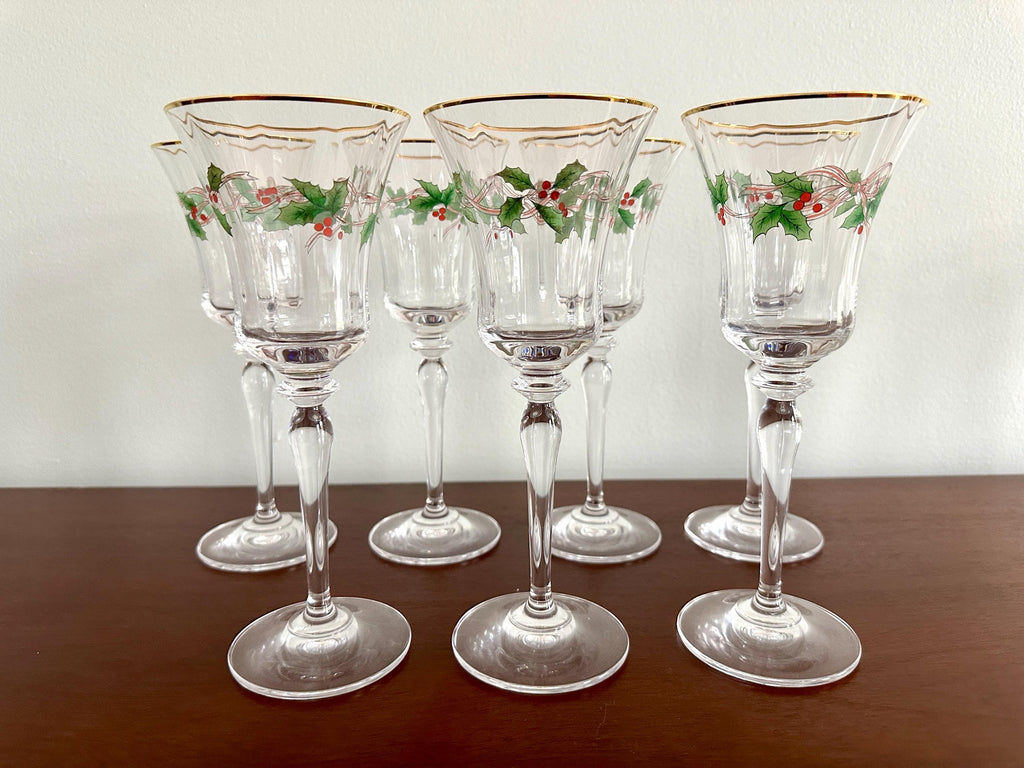 7 Mikasa Ribbon Holly Crystal Water Goblets