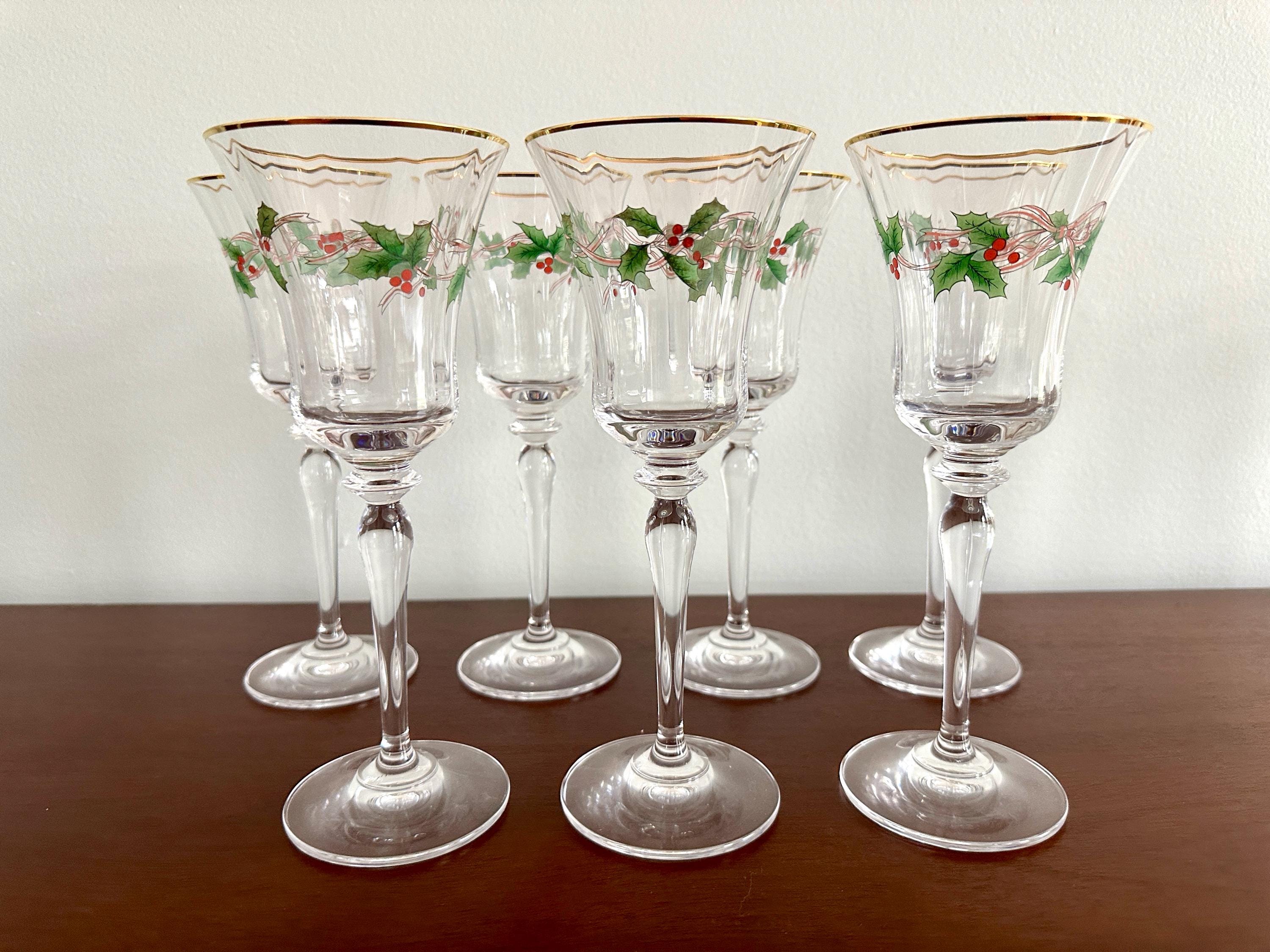 7 Mikasa Ribbon Holly Crystal Water Goblets