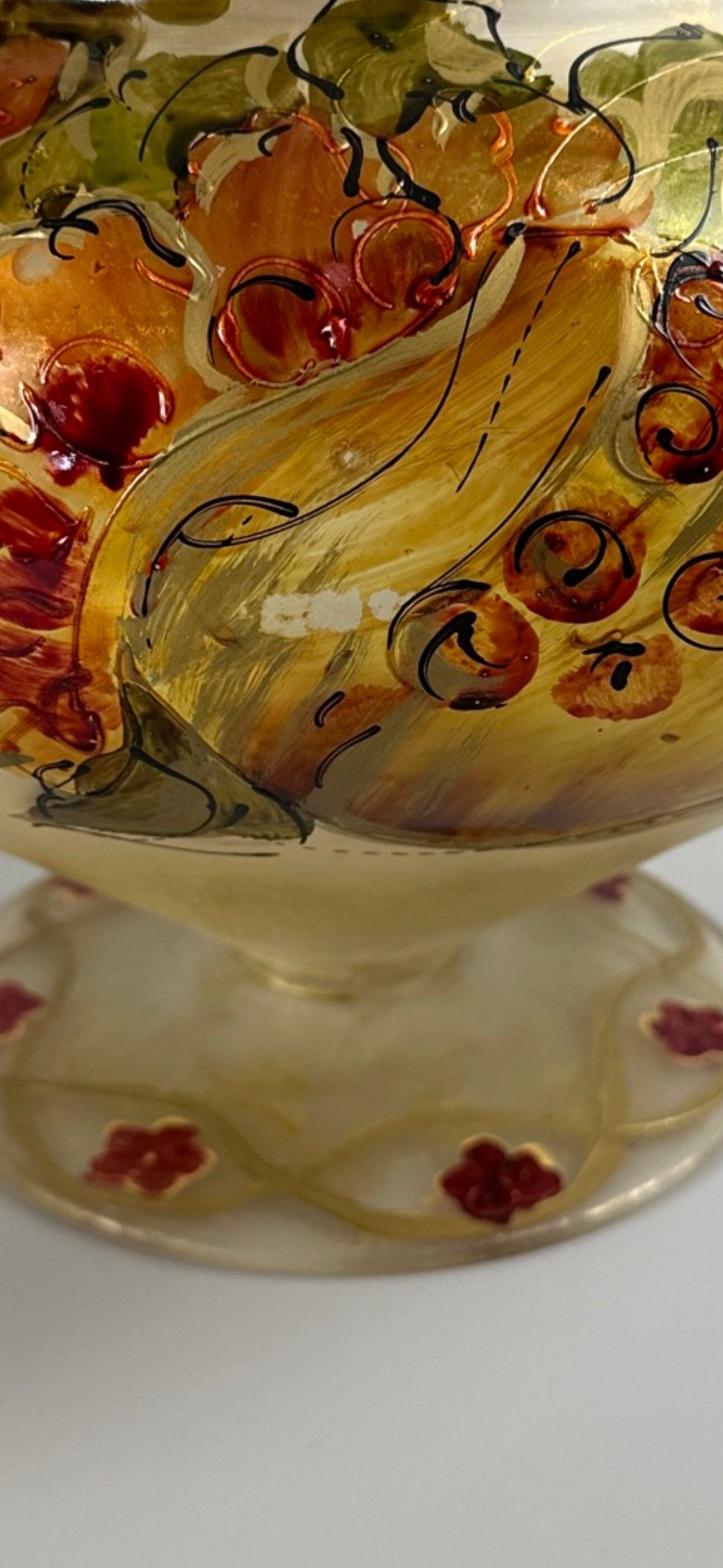 Vintage Large Murano Frosted Satin Glass With Hand Painted Flowers