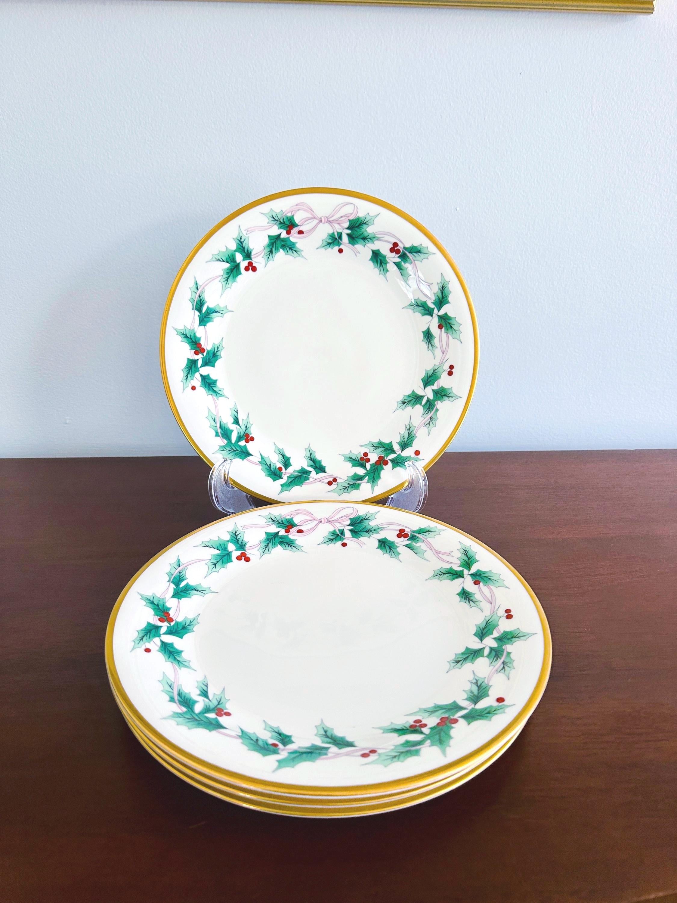4 Mikasa Ribbon Holly Dinner Plates